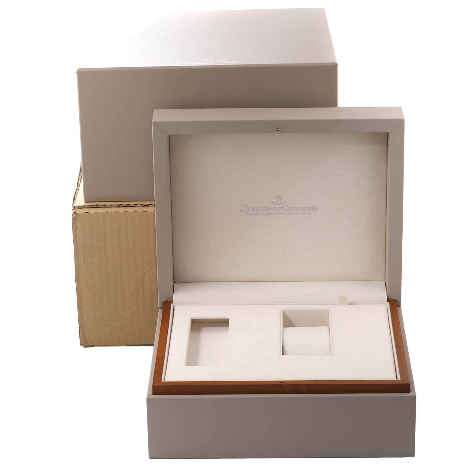 The image shows an open Jaeger LeCoultre Master Q1538420 Men's Stainless Steel Silver Dial Q1538420 Men's Stainless Steel Silver Dial model watch box with compartments on display.