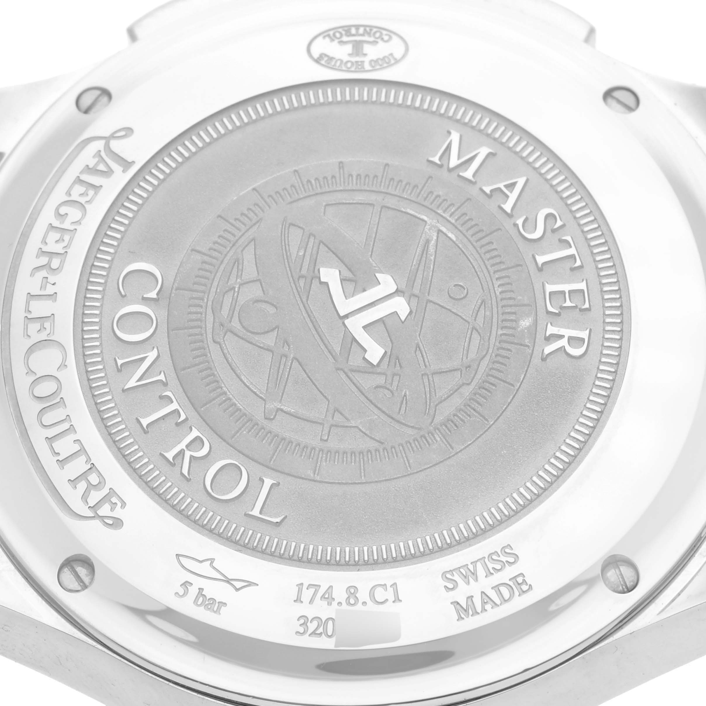 The image shows the back of a Jaeger-LeCoultre Master Control watch model, highlighting its brushed metal case and engraved details.
