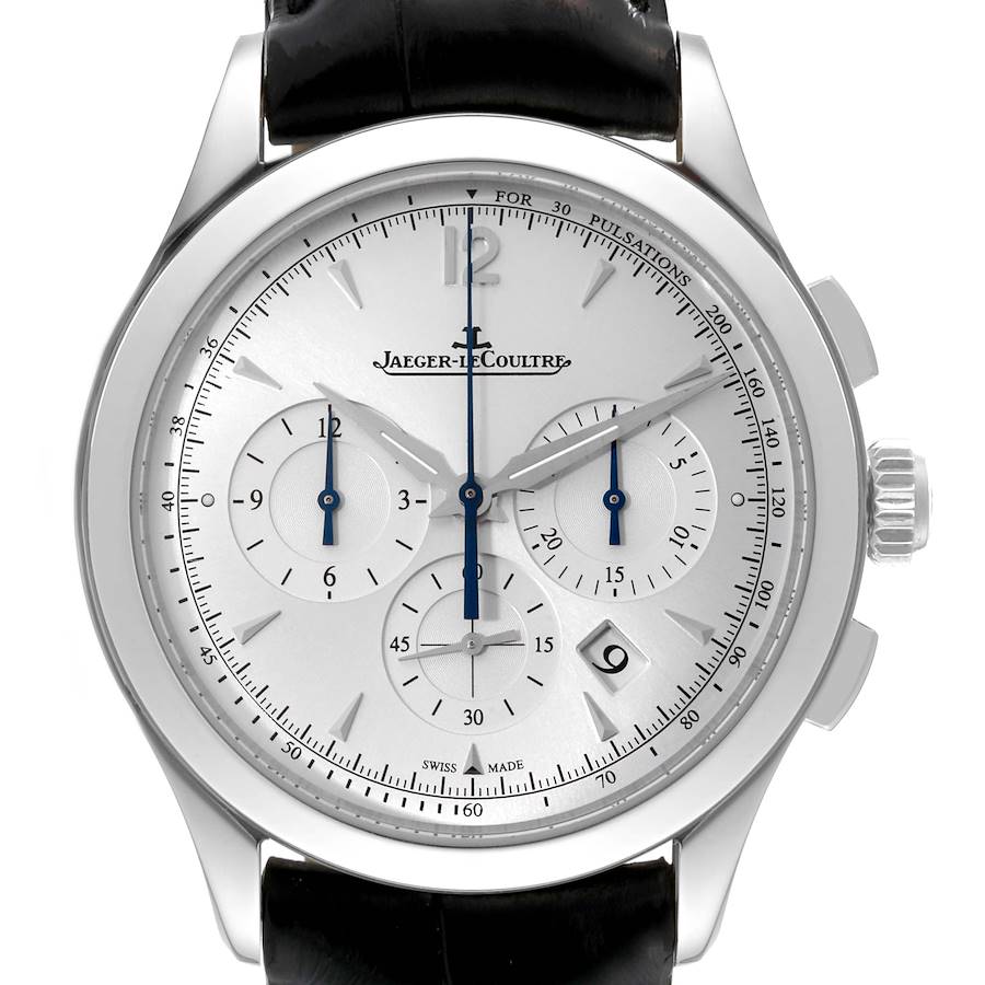 The image shows a front view of the Jaeger-LeCoultre Master model watch with a white dial and black leather strap.