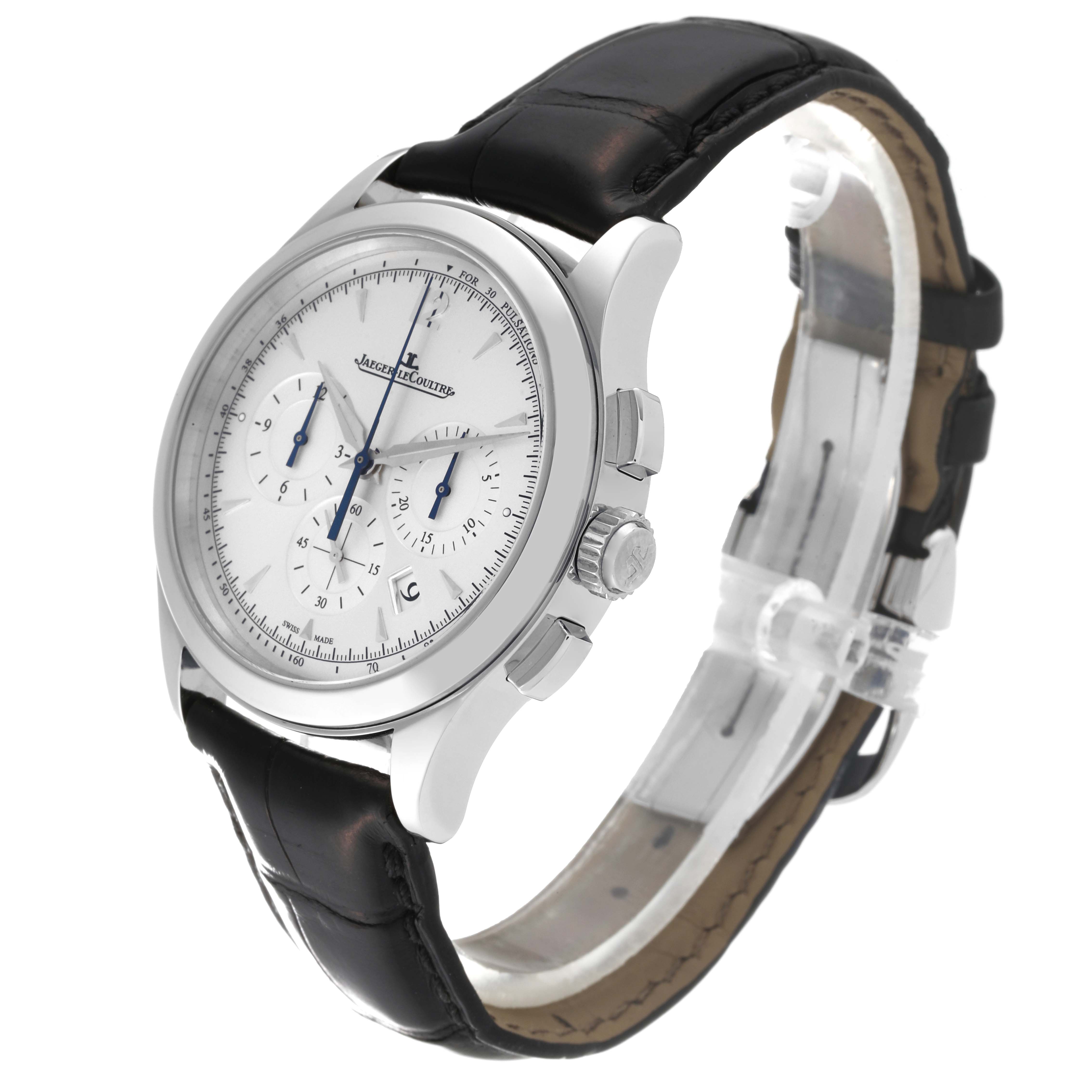 The image shows a Jaeger LeCoultre Master Q1538420 Men's Stainless Steel Silver Dial Q1538420 Men's Stainless Steel Silver Dial model watch at an angled side view, highlighting its face, crown, and leather strap.