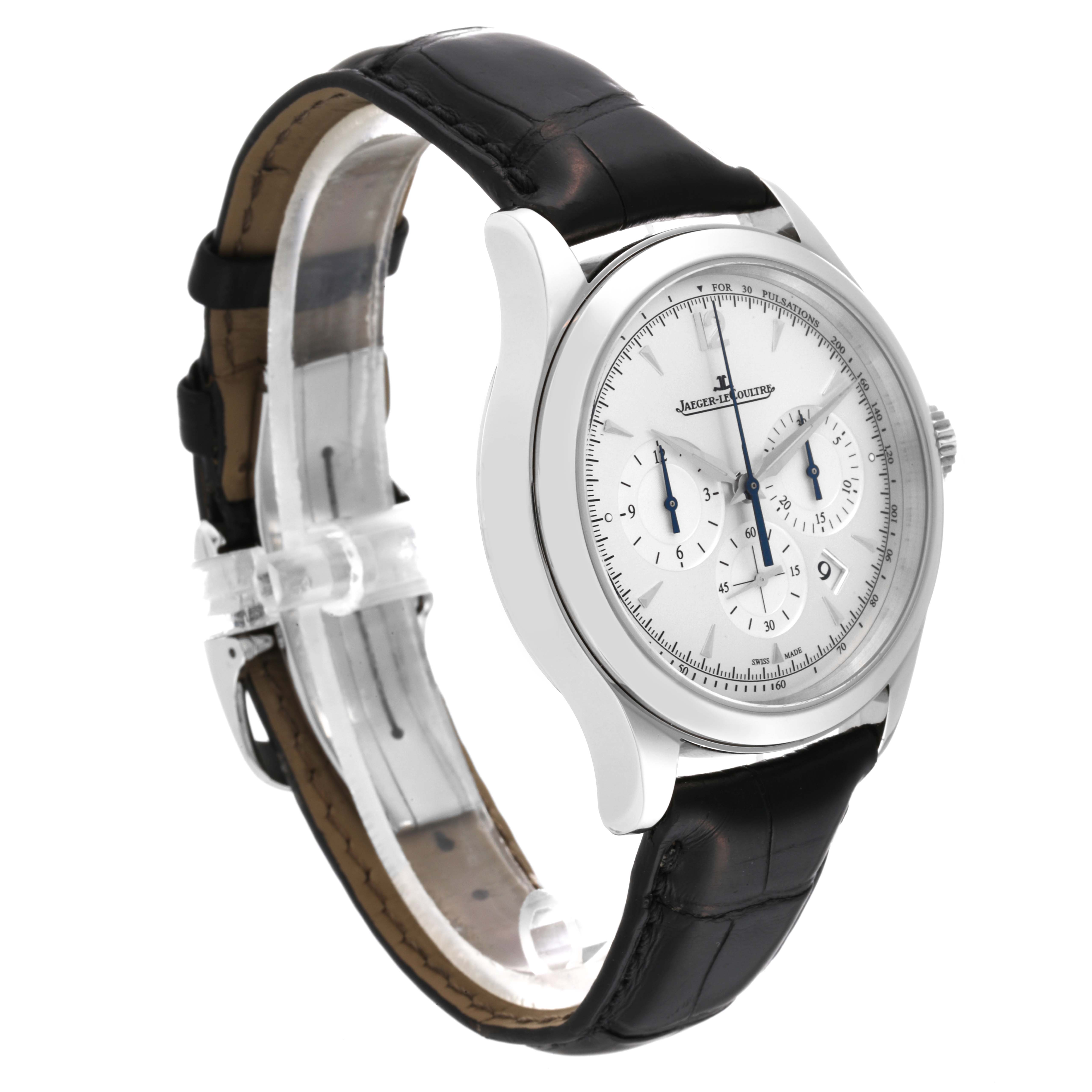 The image shows a three-quarter view of the Jaeger LeCoultre Master Q1538420 Men's Stainless Steel Silver Dial Q1538420 Men's Stainless Steel Silver Dial model watch, highlighting its face, case, and black leather strap.