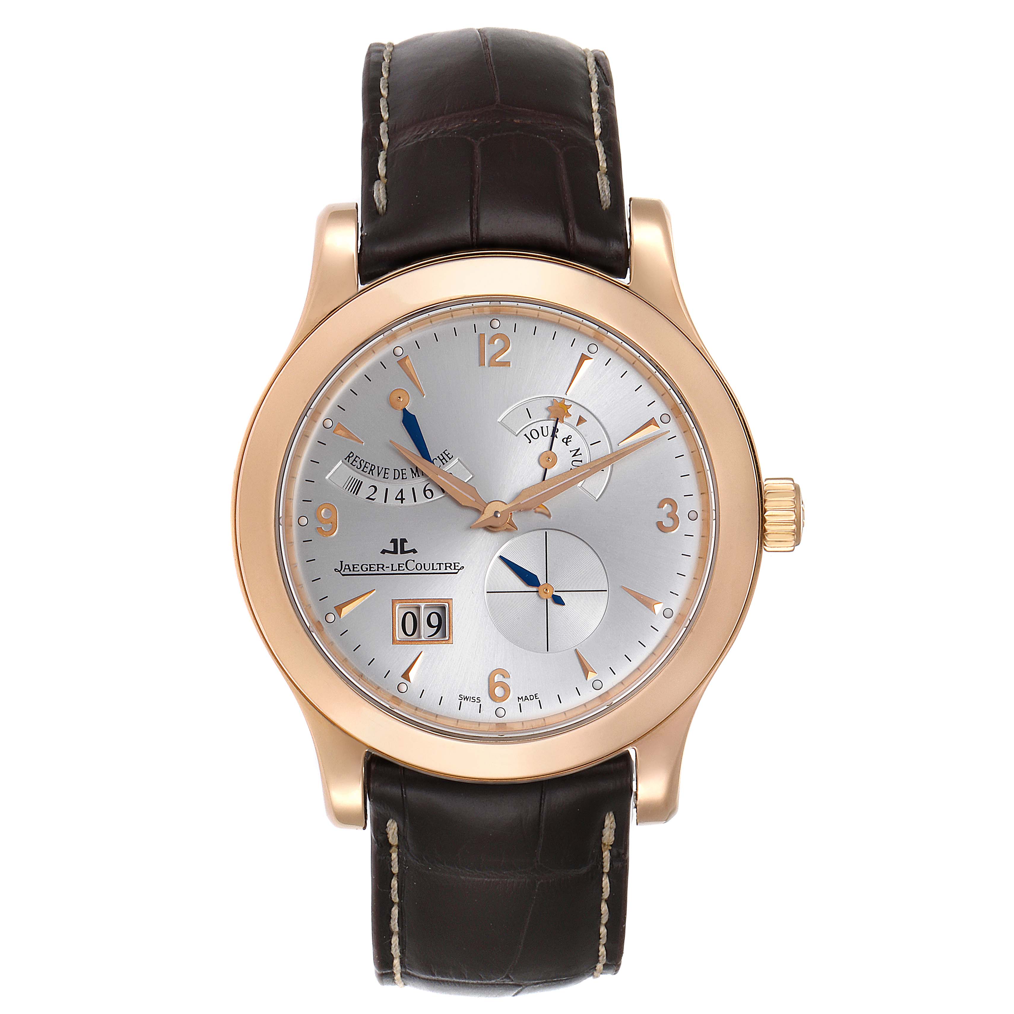 The image shows a frontal view of the Jaeger LeCoultre Master Q1602420 Men
s Rose Gold Silver Dial Q1602420 Men
s Rose Gold Silver Dial watch, displaying its face, rose gold case, and leather strap.