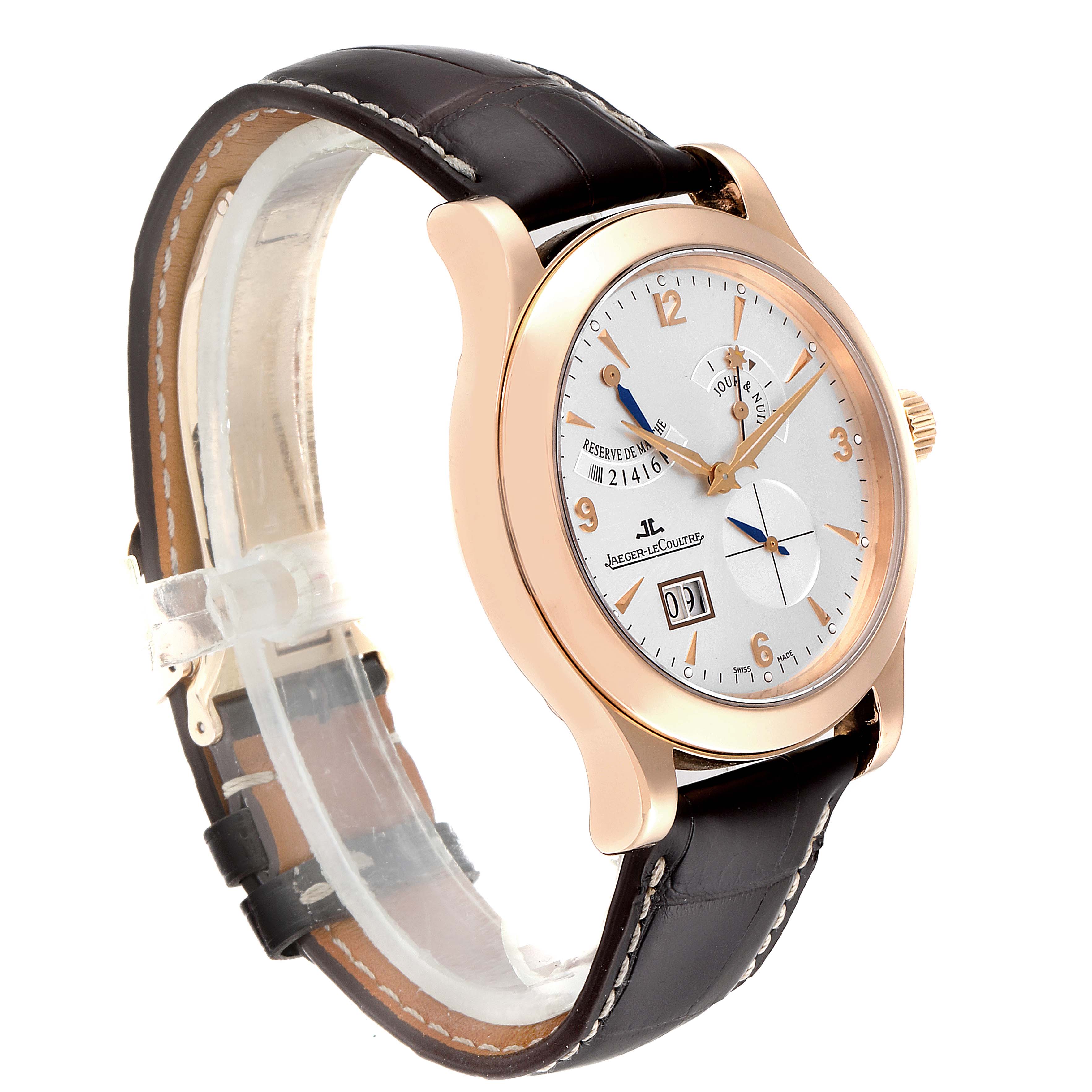 The image shows a side angle of a Jaeger-LeCoultre Master model watch, highlighting its face, case, and leather strap.