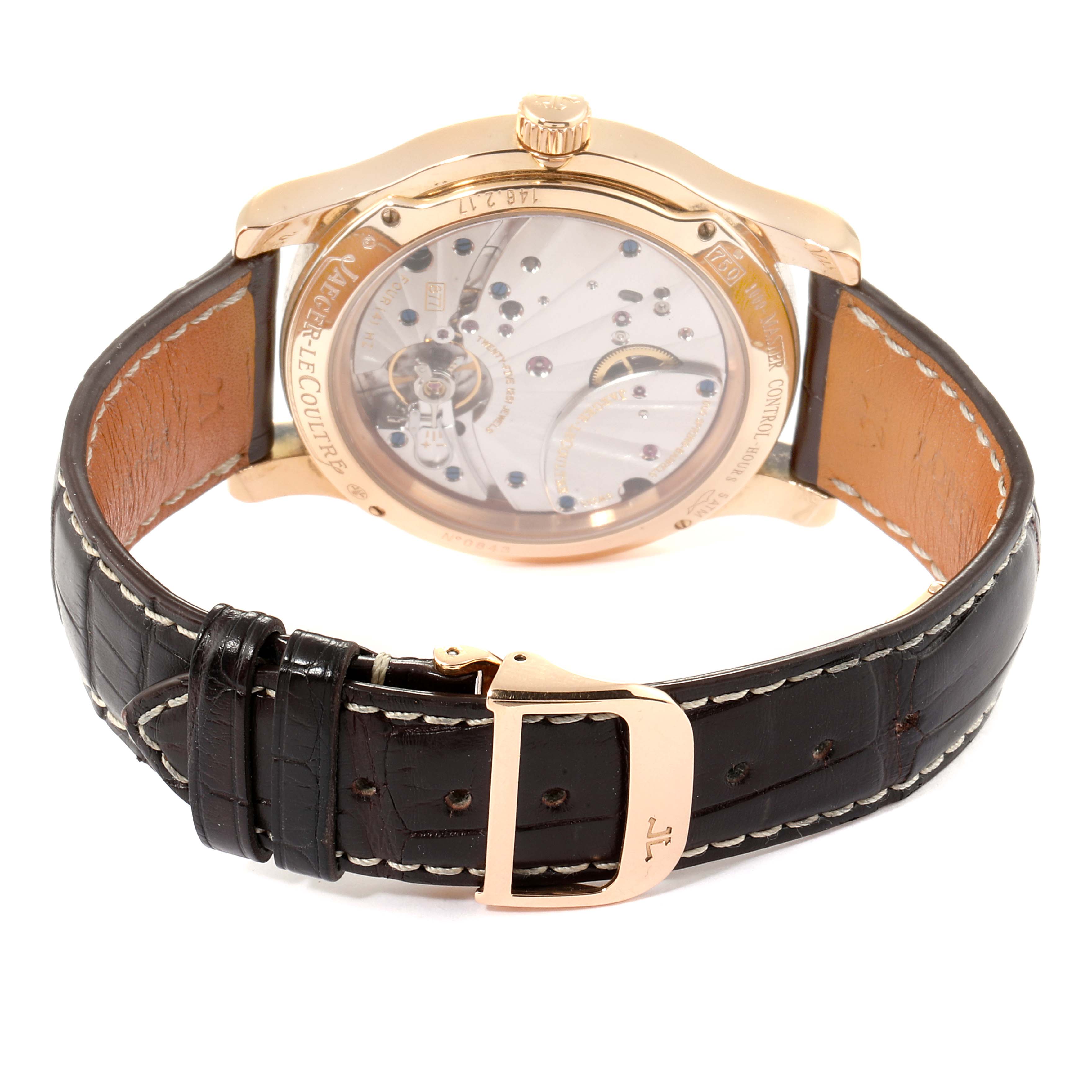 The image shows the back and side view of a Jaeger-LeCoultre Master model watch, highlighting its case back, strap, and buckle.