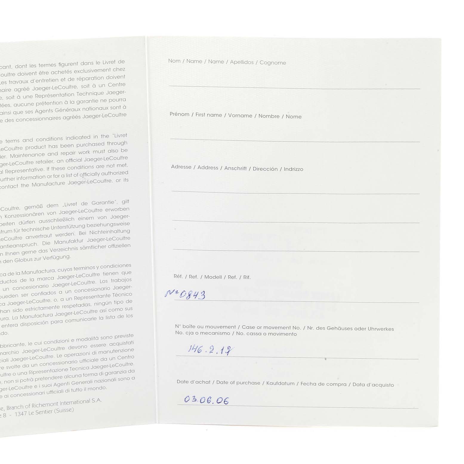 The image shows an open warranty booklet for the Jaeger LeCoultre Master Q1602420 Men
s Rose Gold Silver Dial Q1602420 Men
s Rose Gold Silver Dial model watch, shot from a top-down angle.