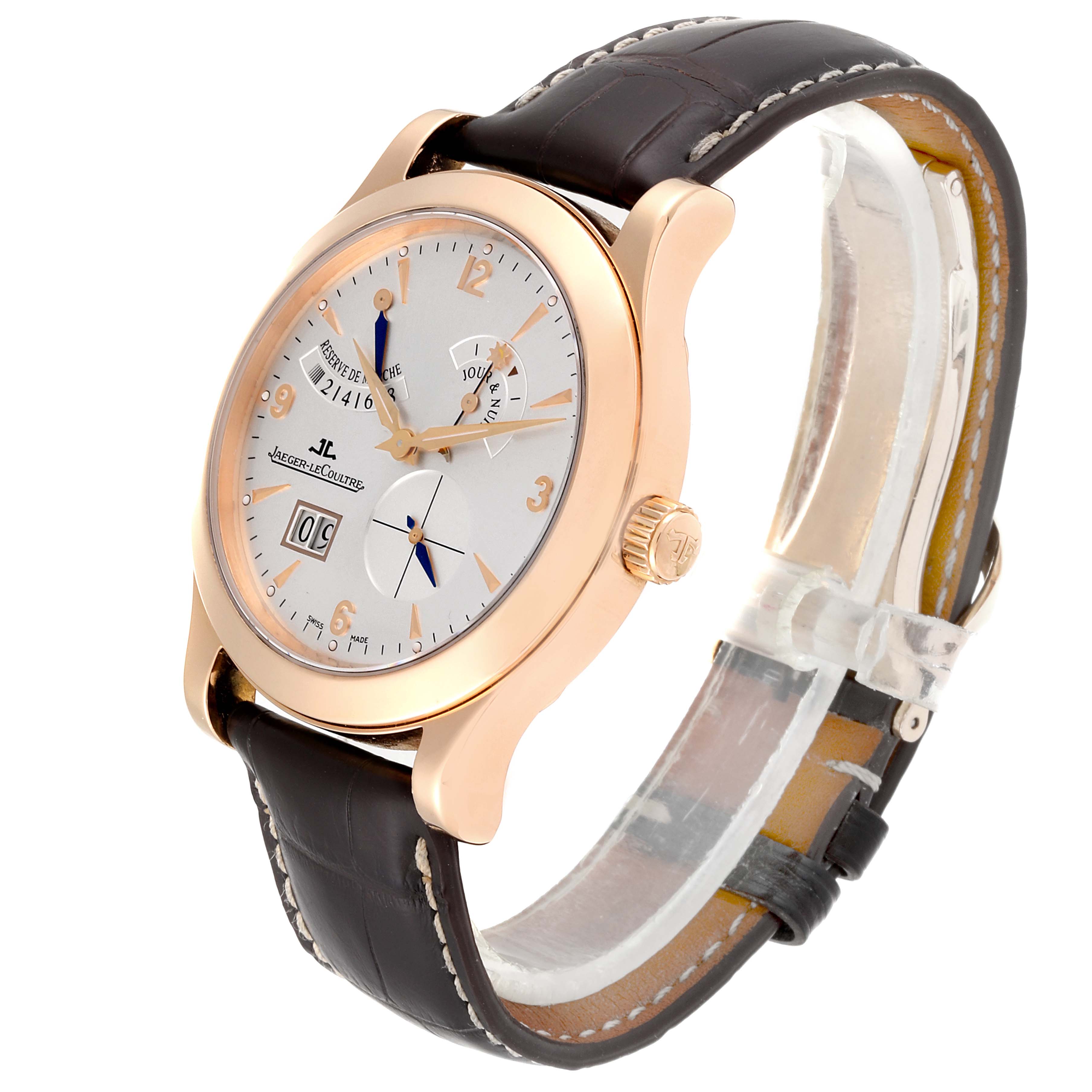 The Jaeger-LeCoultre Master watch is shown at a three-quarter angle, highlighting the face, crown, and leather strap.