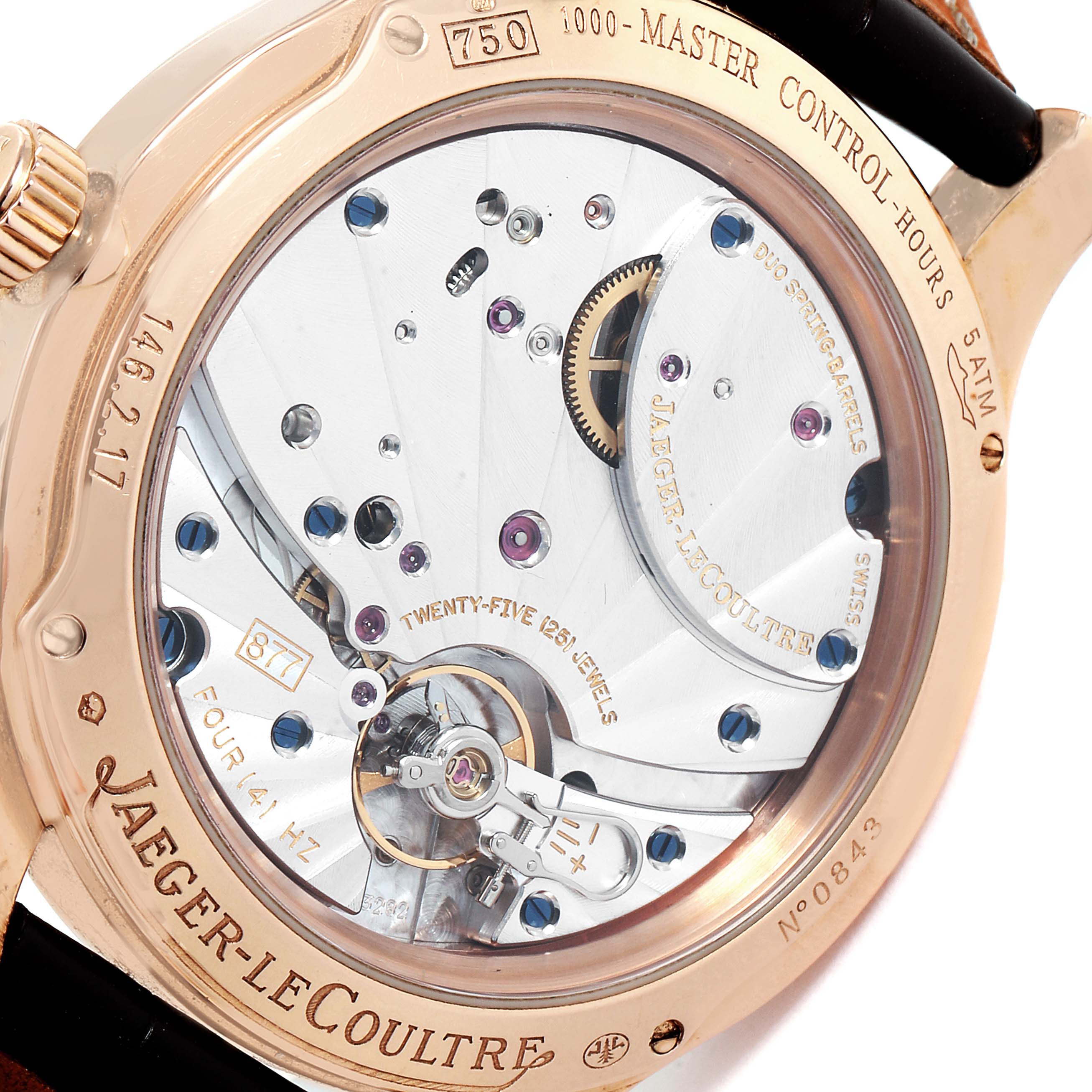 The image shows the back of a Jaeger LeCoultre Master Q1602420 Men
s Rose Gold Silver Dial Q1602420 Men
s Rose Gold Silver Dial model watch, revealing its inner mechanical components.