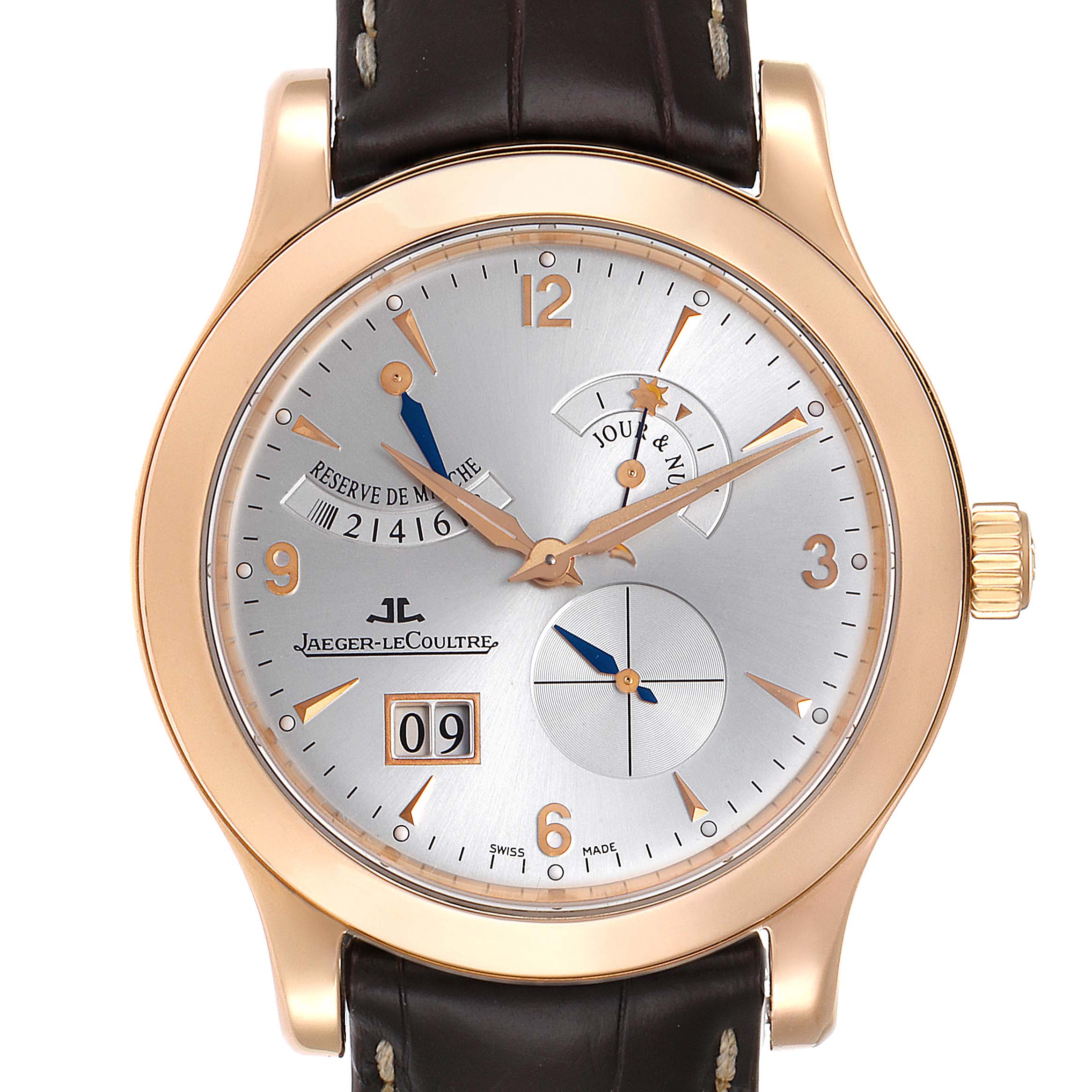 The image shows a front view of the Jaeger-LeCoultre Master model watch, highlighting its dial, case, and leather strap.