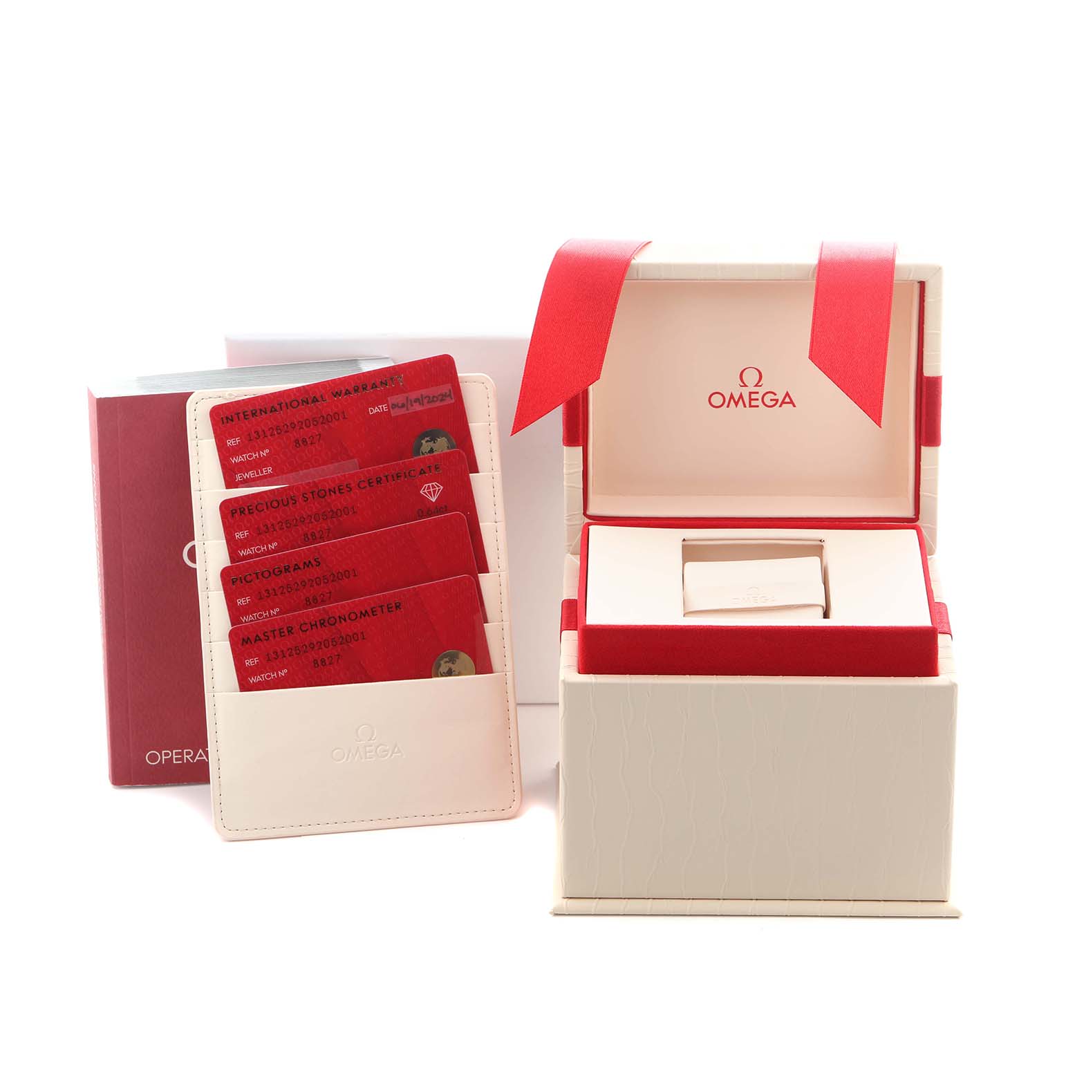 The image shows the packaging and documents for an Omega 131.25.29.20.52.001 Women's Steel and Gold (two tone) White Dial 131.25.29.20.52.001 Women's Steel and Gold (two tone) White Dial Constellation Diamond Rose Gold Steel Ladies Watch, model 131.25.29.