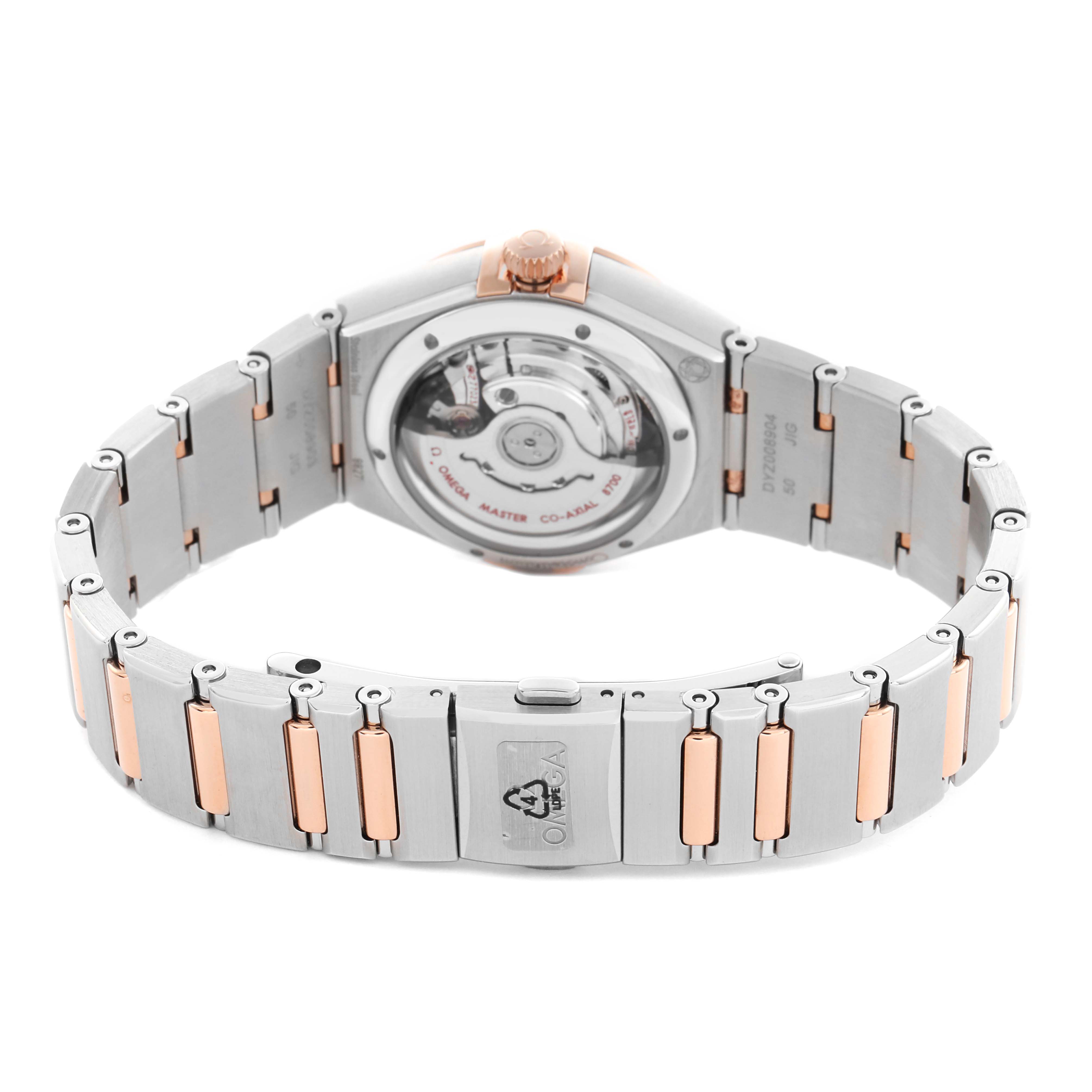 The Omega 131.25.29.20.52.001 Women's Steel and Gold (two tone) White Dial 131.25.29.20.52.001 Women's Steel and Gold (two tone) White Dial Constellation Diamond Rose Gold Steel Ladies Watch model 131.25.29 is shown from the back, highlighting the clasp and bracelet.