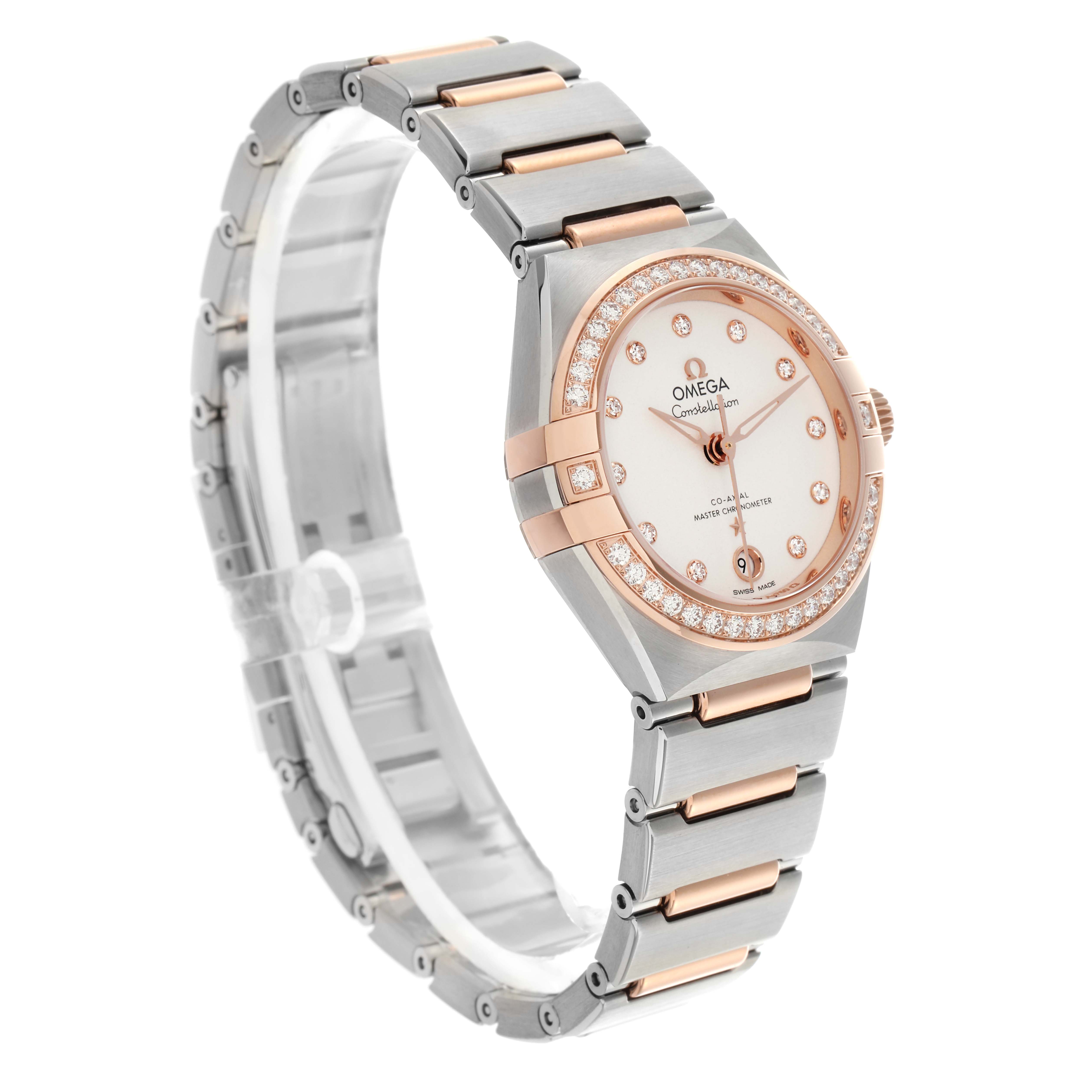 The Omega 131.25.29.20.52.001 Women's Steel and Gold (two tone) White Dial 131.25.29.20.52.001 Women's Steel and Gold (two tone) White Dial Constellation Diamond Rose Gold Steel Ladies Watch 131.25.29 is shown at a three-quarter angle, displaying the face, bezel, and bracelet.