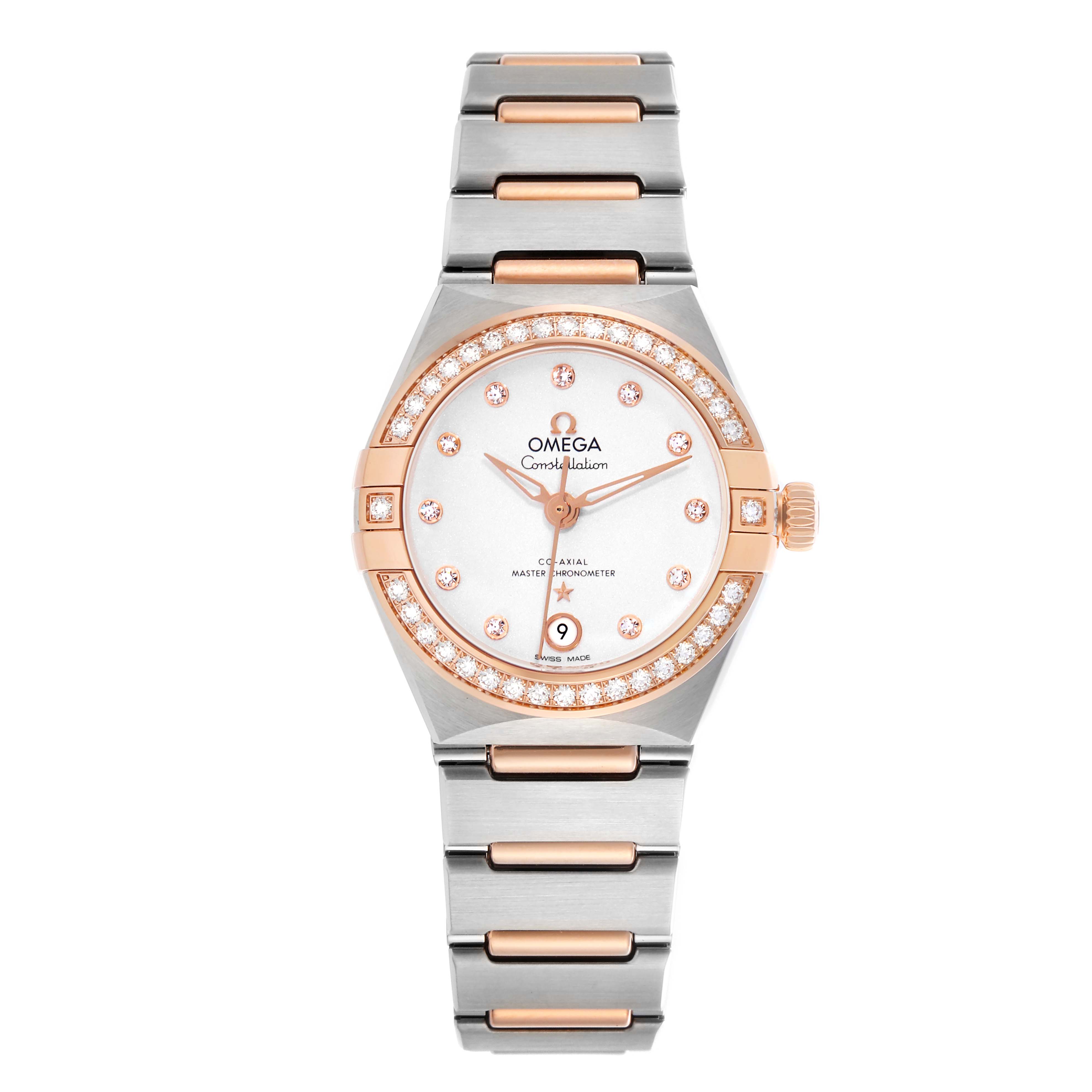 The Omega 131.25.29.20.52.001 Women's Steel and Gold (two tone) White Dial 131.25.29.20.52.001 Women's Steel and Gold (two tone) White Dial Constellation Diamond Rose Gold Steel Ladies Watch 131.25.29 is shown from a top view, highlighting the face and bracelet.