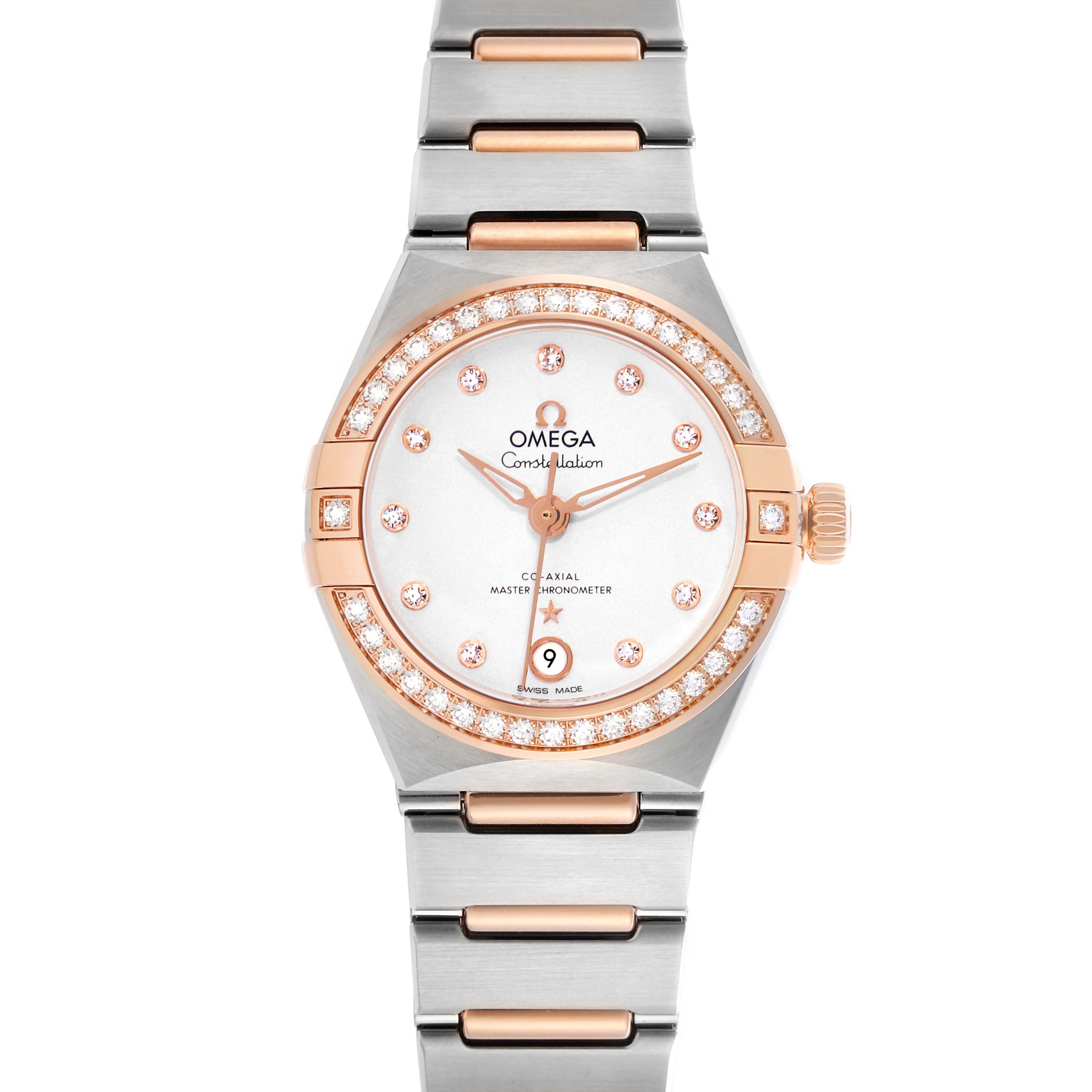 The Omega 131.25.29.20.52.001 Women's Steel and Gold (two tone) White Dial 131.25.29.20.52.001 Women's Steel and Gold (two tone) White Dial Constellation Diamond Rose Gold Steel Ladies Watch 131.25.29 is shown from a front angle, highlighting its dial and bracelet.