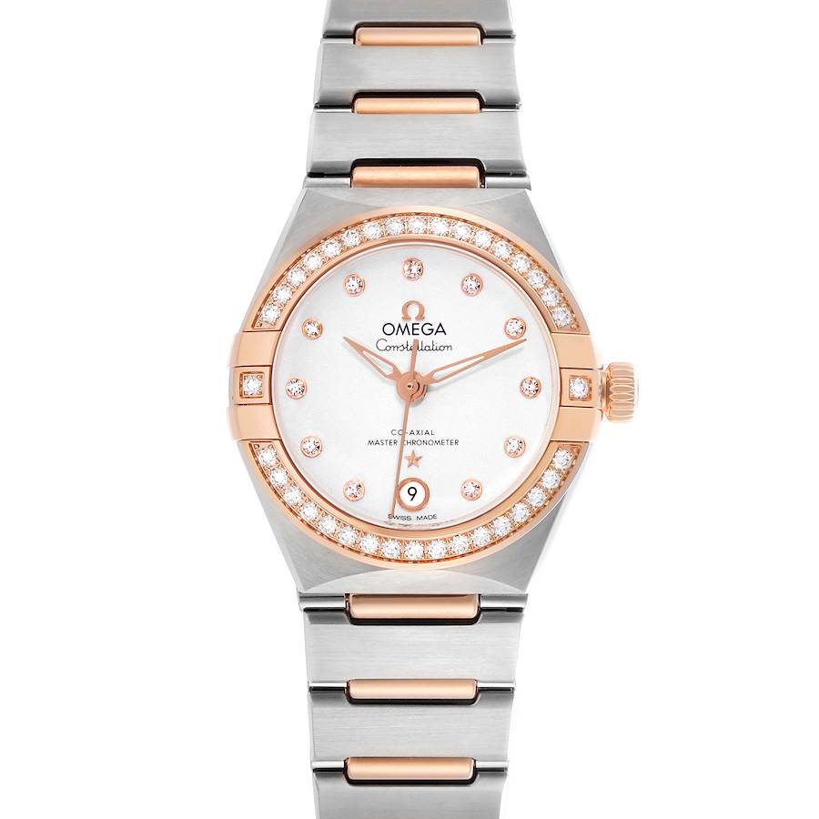 The Omega Constellation Diamond Rose Gold Steel Ladies Watch 131.25.29 is shown from a front angle, highlighting its dial and bracelet.