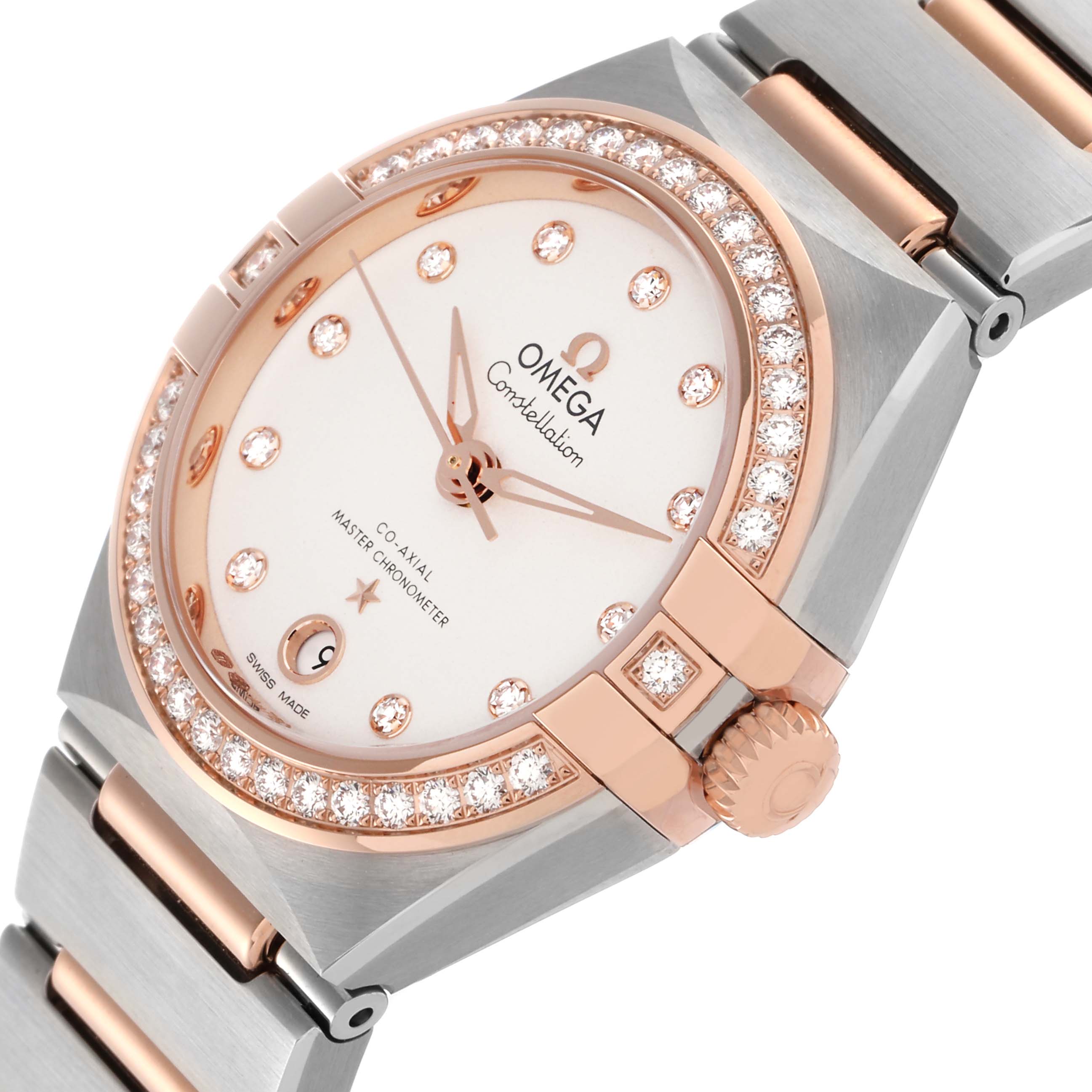 The Omega 131.25.29.20.52.001 Women's Steel and Gold (two tone) White Dial 131.25.29.20.52.001 Women's Steel and Gold (two tone) White Dial Constellation Diamond Rose Gold Steel Ladies Watch is shown at an angle highlighting the face, bezel, and part of the bracelet.
