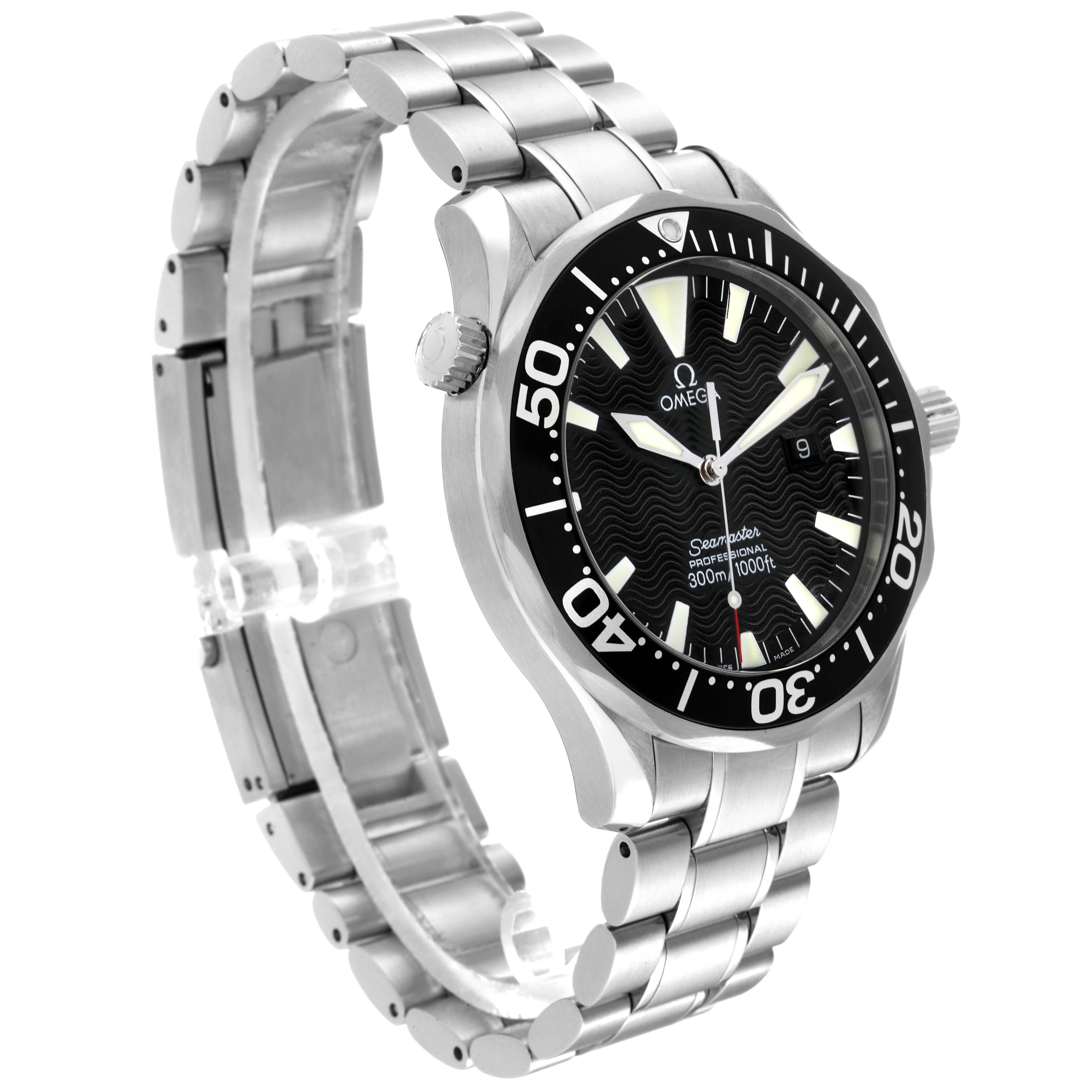 The Omega Seamaster 2264.50.00 Men
s Stainless Steel Black Dial 2264.50.00 Men
s Stainless Steel Black Dial watch is shown at a slight angle, highlighting its bezel, dial, and stainless steel bracelet.