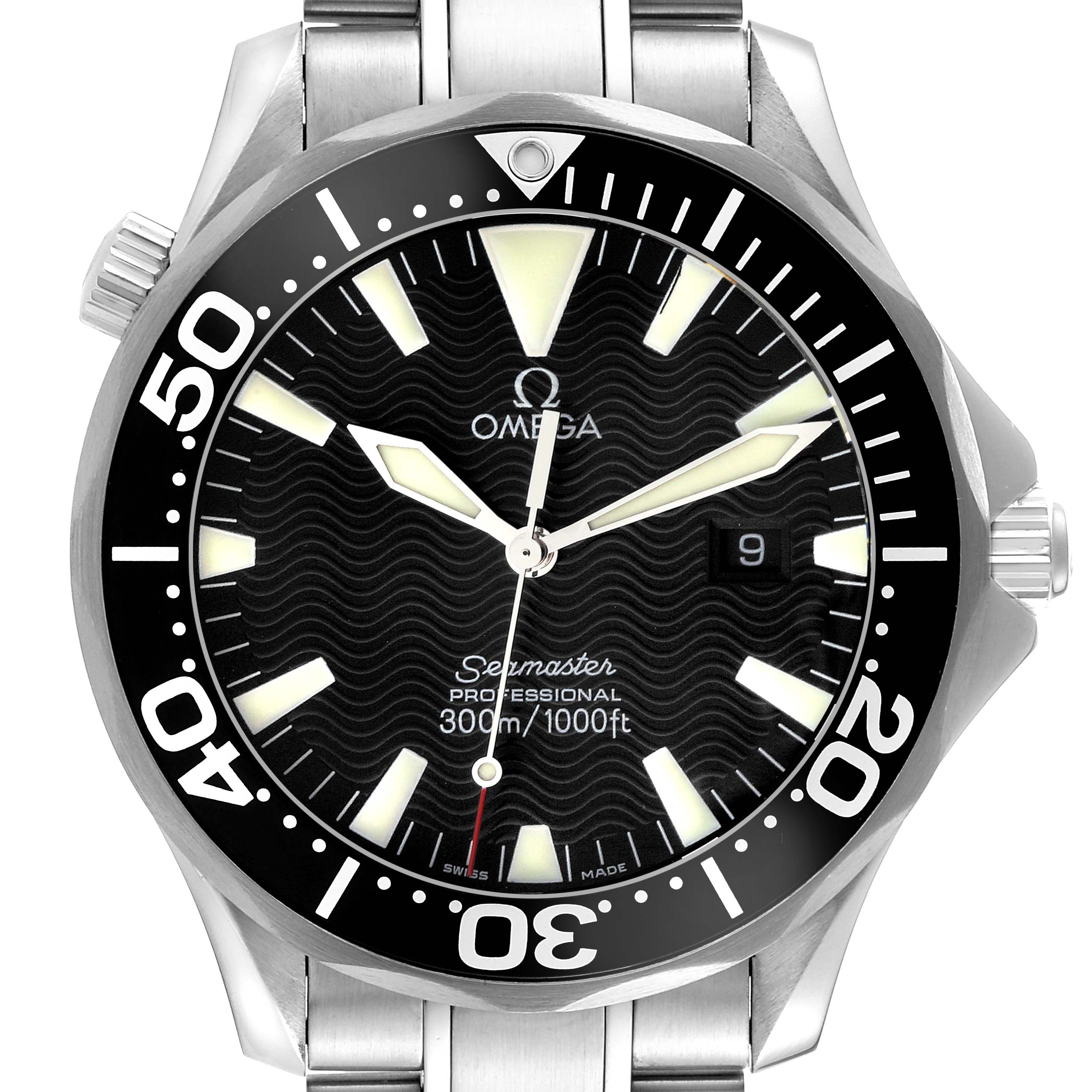 The image shows a front view of the Omega Seamaster 2264.50.00 Men
s Stainless Steel Black Dial 2264.50.00 Men
s Stainless Steel Black Dial watch, highlighting the dial, bezel, hands, date window, and part of the bracelet.