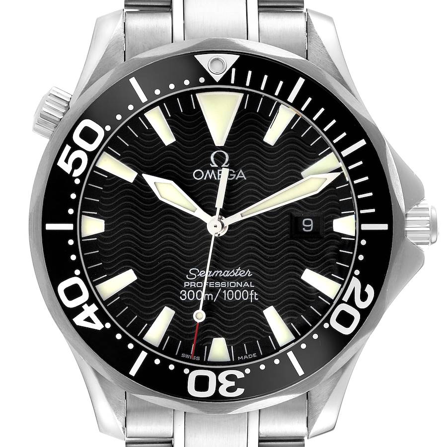 The image shows a front view of the Omega Seamaster watch, highlighting the dial, bezel, hands, date window, and part of the bracelet.