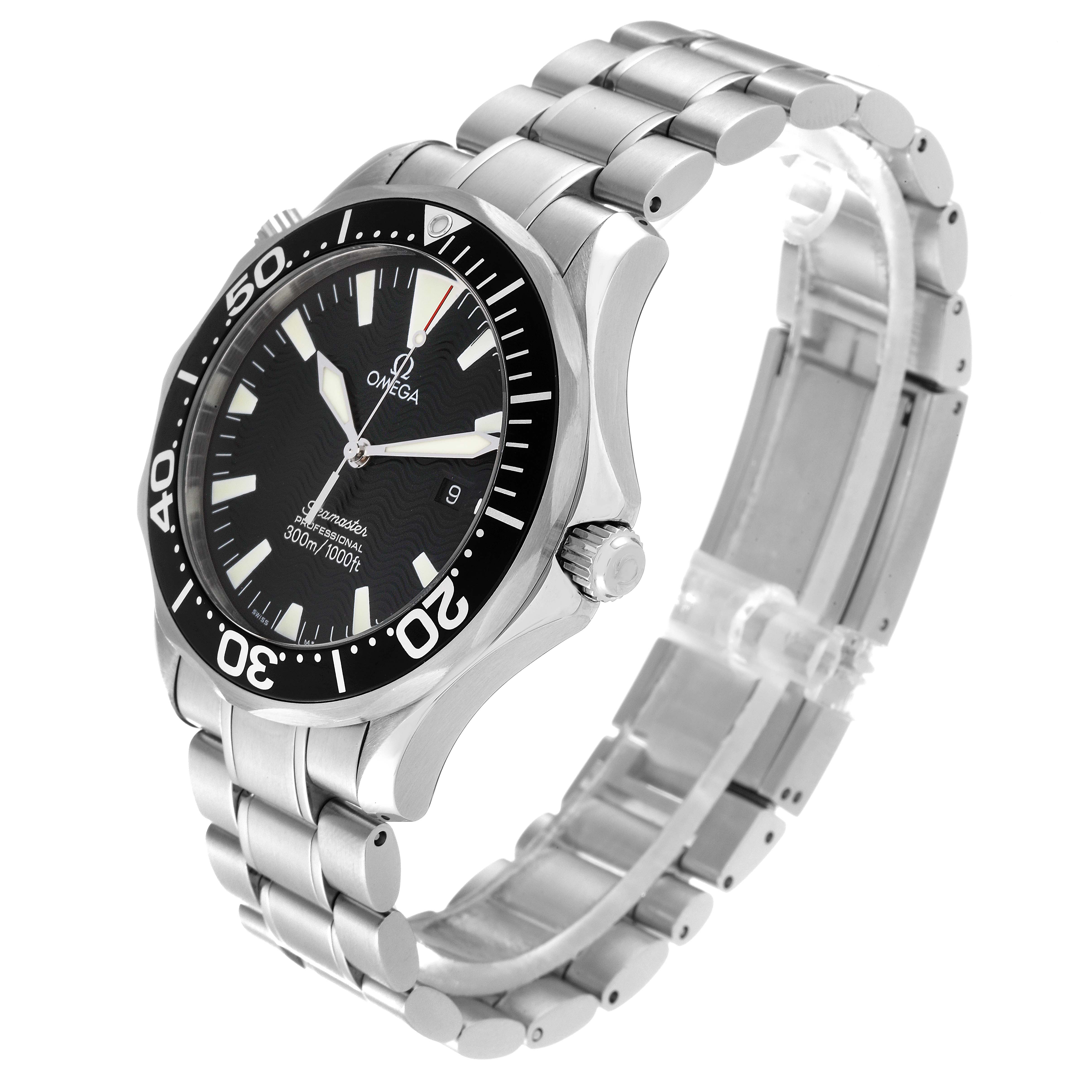 The Omega Seamaster 2264.50.00 Men
s Stainless Steel Black Dial 2264.50.00 Men
s Stainless Steel Black Dial watch is shown from an angled side perspective, highlighting its stainless steel bracelet and black dial.