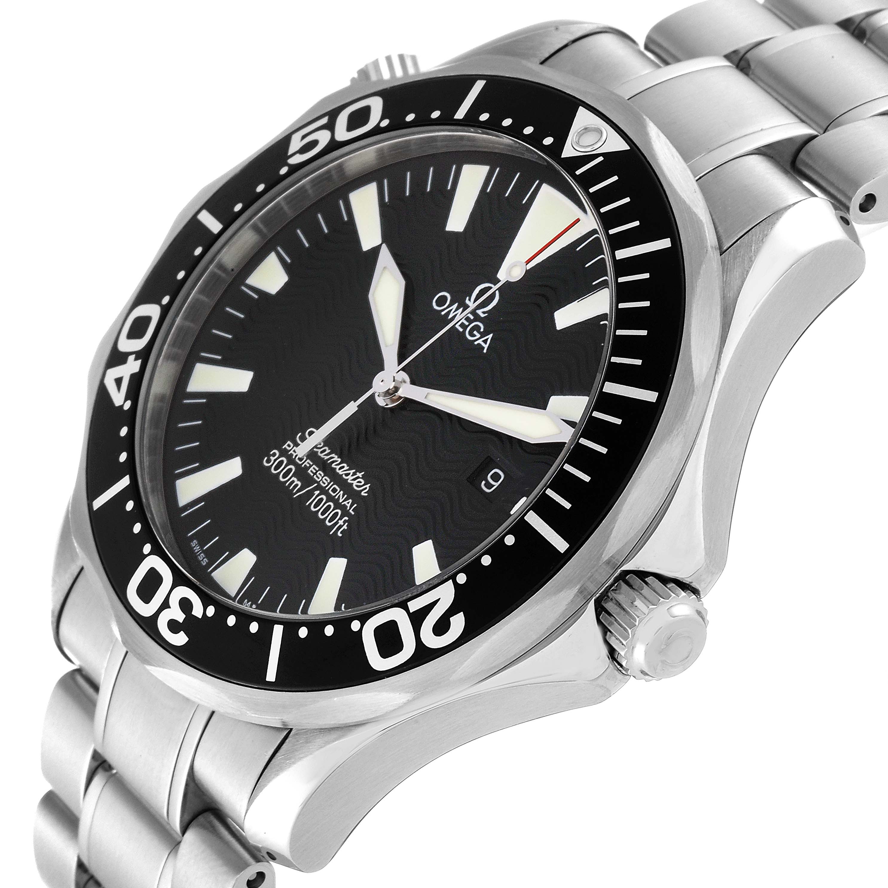 The image shows the Omega Seamaster 2264.50.00 Men
s Stainless Steel Black Dial 2264.50.00 Men
s Stainless Steel Black Dial watch at a side angle, highlighting the dial, bezel, crown, and bracelet.