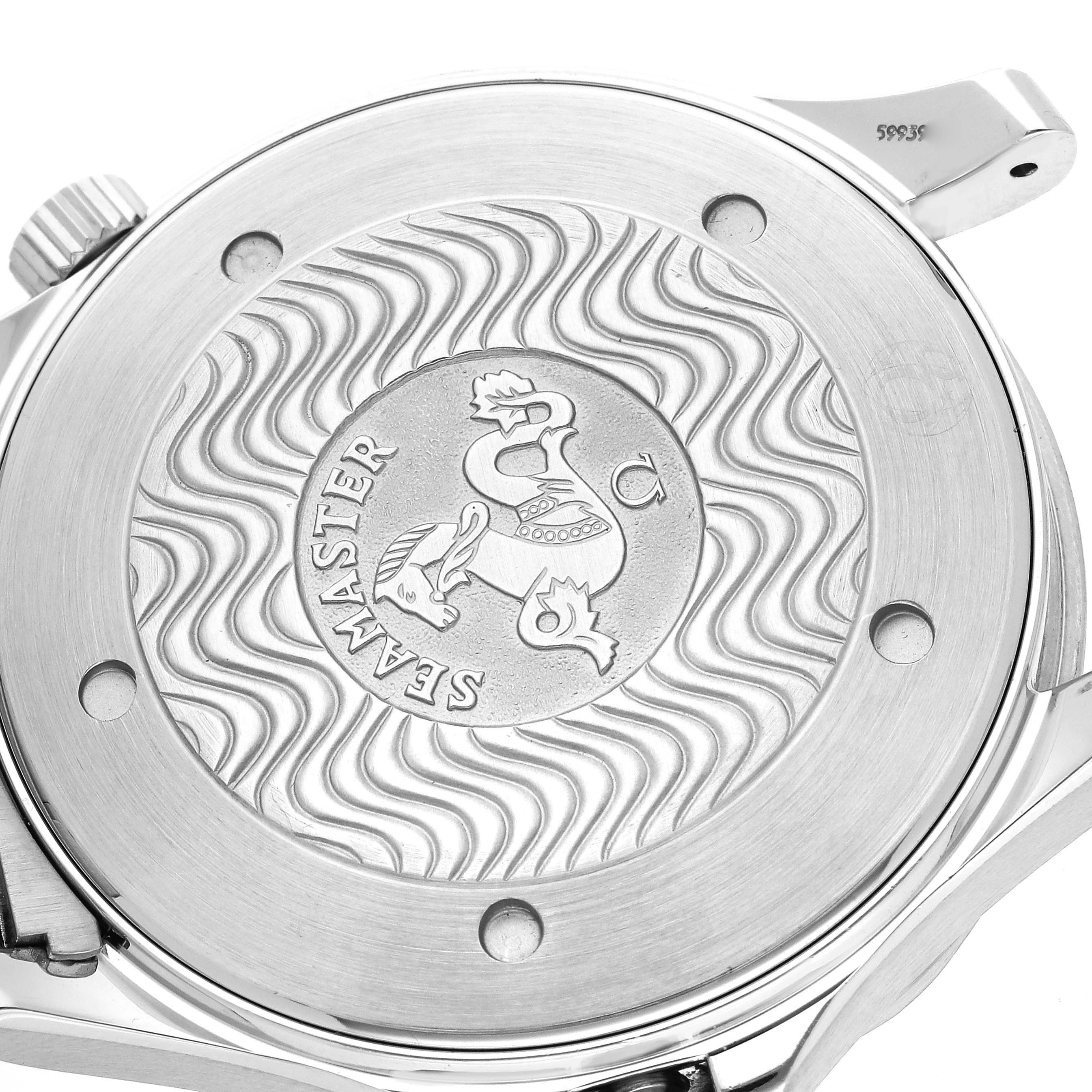 The image shows the back case of an Omega Seamaster 2264.50.00 Men
s Stainless Steel Black Dial 2264.50.00 Men
s Stainless Steel Black Dial watch at an angled top-down view.