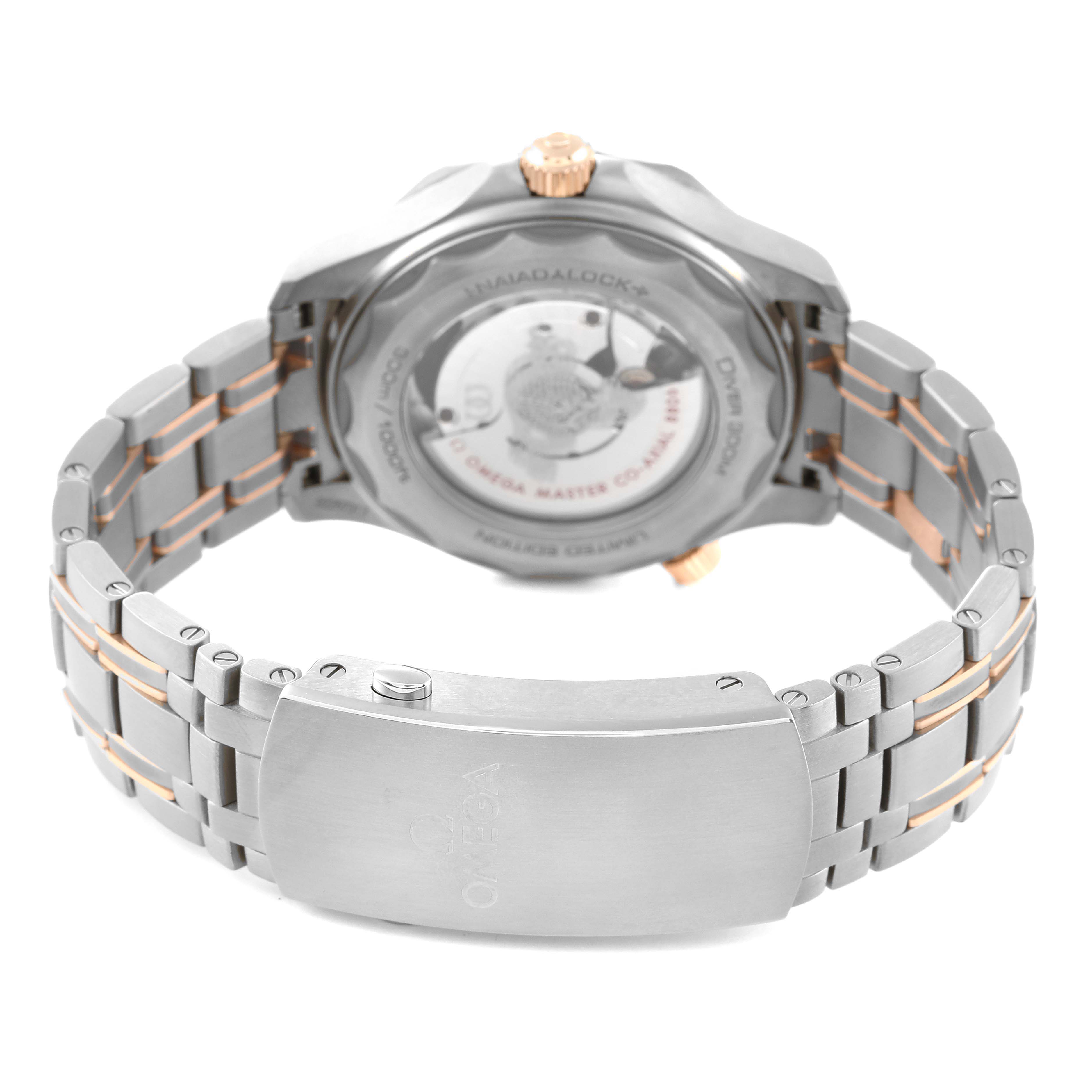 The image shows the back view of an Omega Seamaster 210.60.42.20.99.001 Men's Steel and Gold (two tone) Grey Dial 210.60.42.20.99.001 Men's Steel and Gold (two tone) Grey Dial watch, highlighting the case back and stainless steel bracelet.