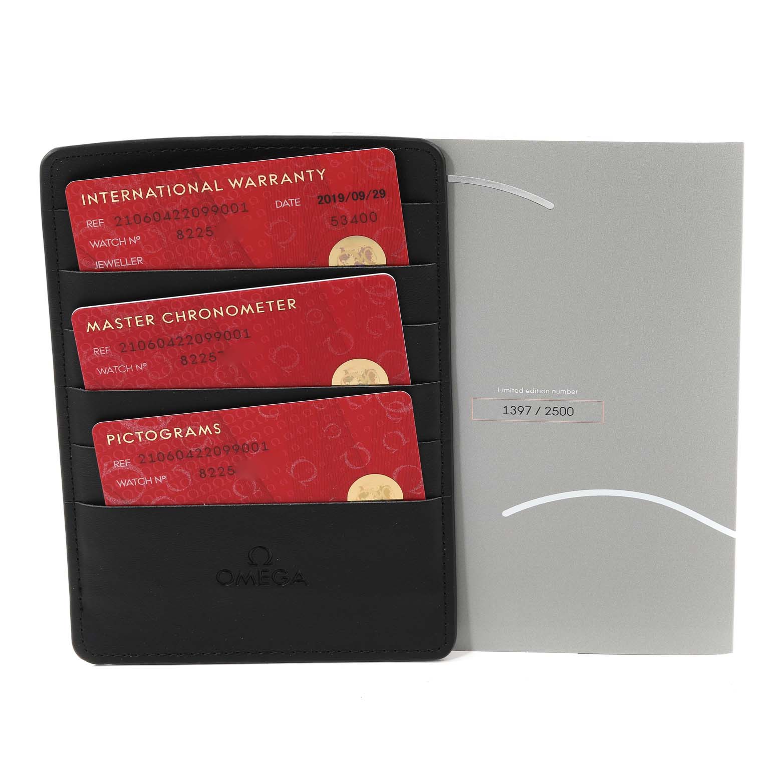 This image shows the warranty cards and certifications for the Omega Seamaster 210.60.42.20.99.001 Men's Steel and Gold (two tone) Grey Dial 210.60.42.20.99.001 Men's Steel and Gold (two tone) Grey Dial, displayed in a black holder.