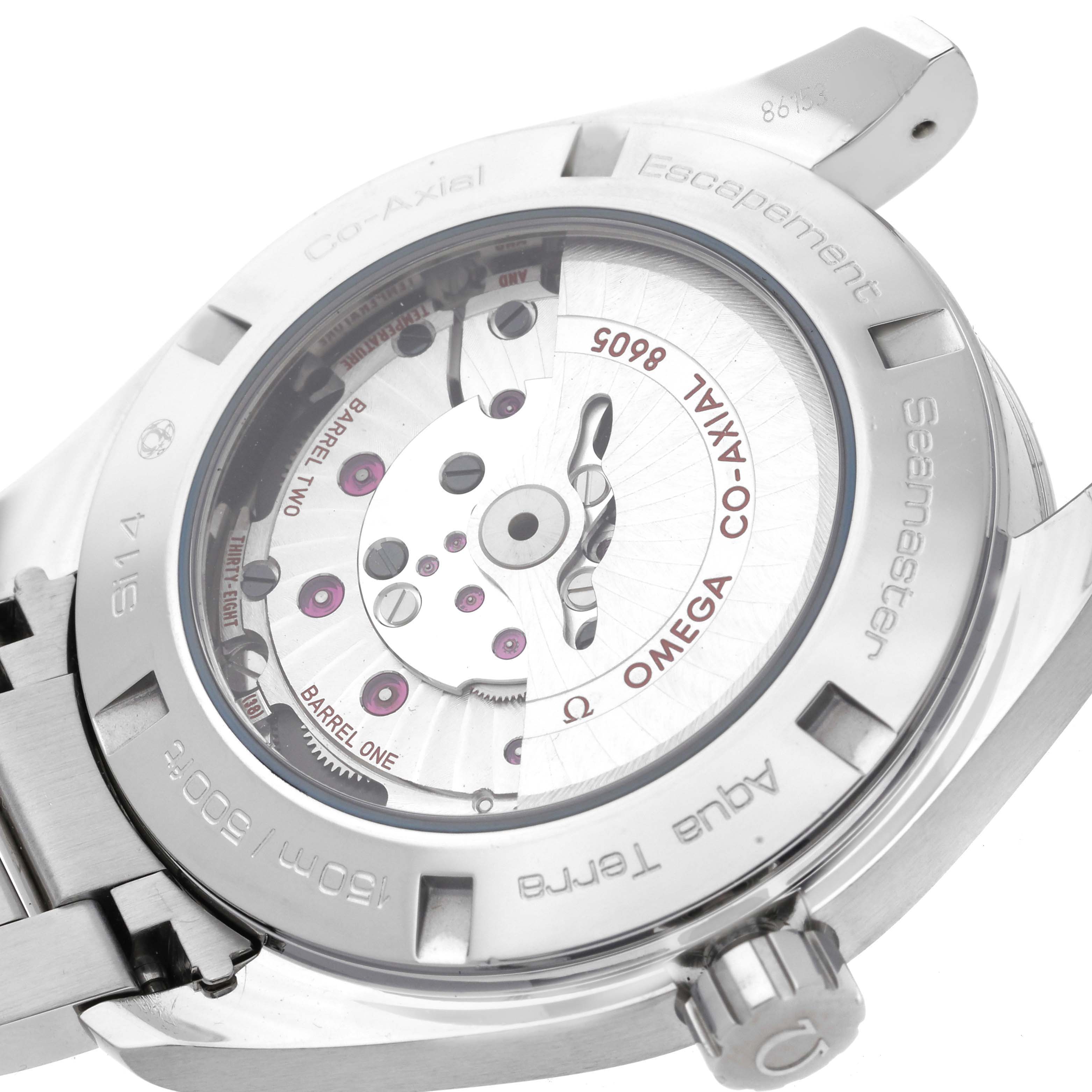 This image shows the back case of the Omega Aqua Terra 231.10.43.22.01.001 Men's Stainless Steel Black Dial 231.10.43.22.01.001 Men's Stainless Steel Black Dial model, displaying its Co-Axial movement.