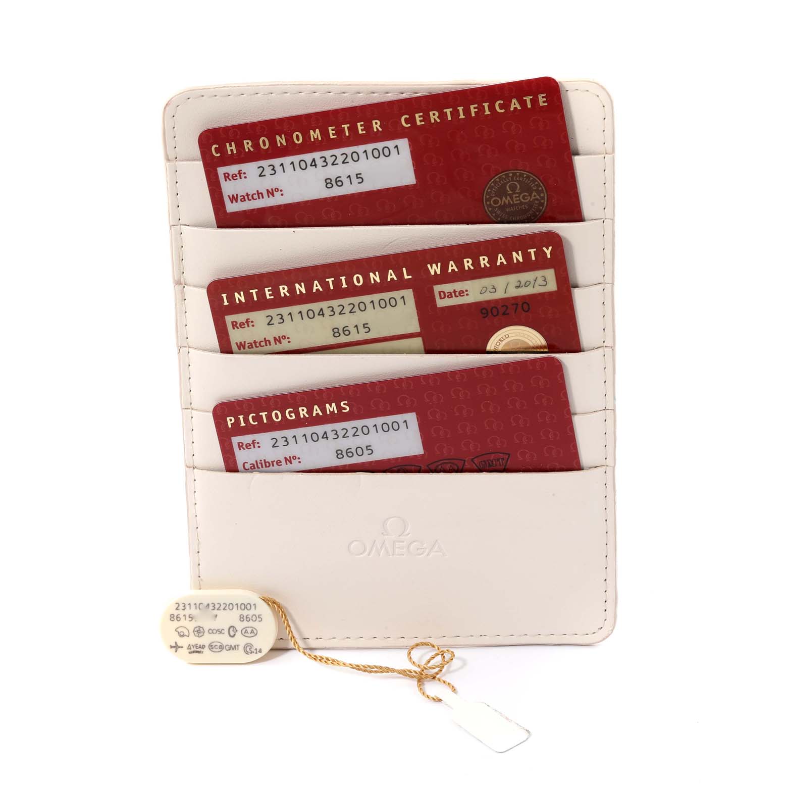 The image shows the certification cards and tags for the Omega Aqua Terra 231.10.43.22.01.001 Men's Stainless Steel Black Dial 231.10.43.22.01.001 Men's Stainless Steel Black Dial watch model, positioned inside a white cardholder.