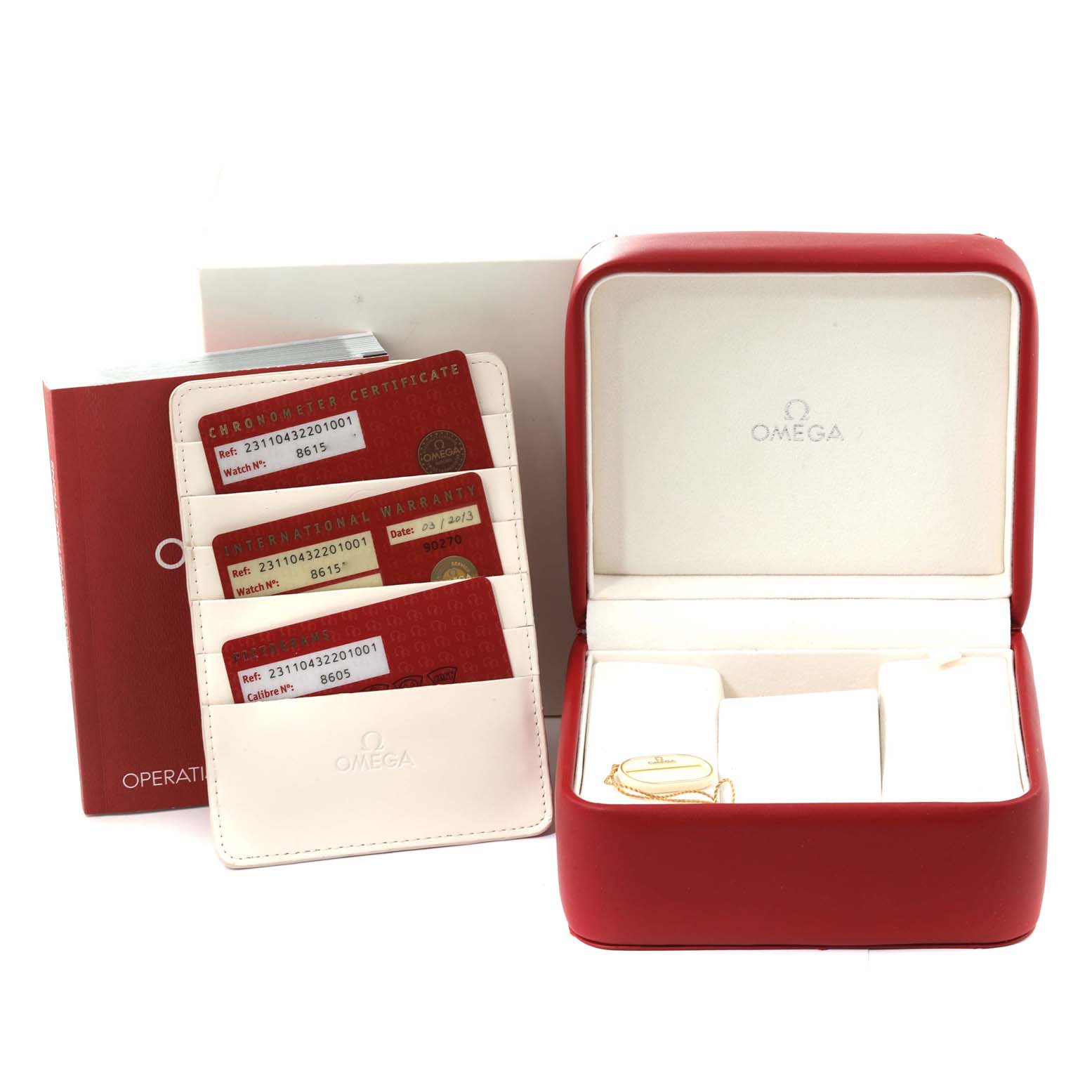 The image shows the packaging, warranty cards, and a red presentation box for the Omega Aqua Terra 231.10.43.22.01.001 Men's Stainless Steel Black Dial 231.10.43.22.01.001 Men's Stainless Steel Black Dial watch model.