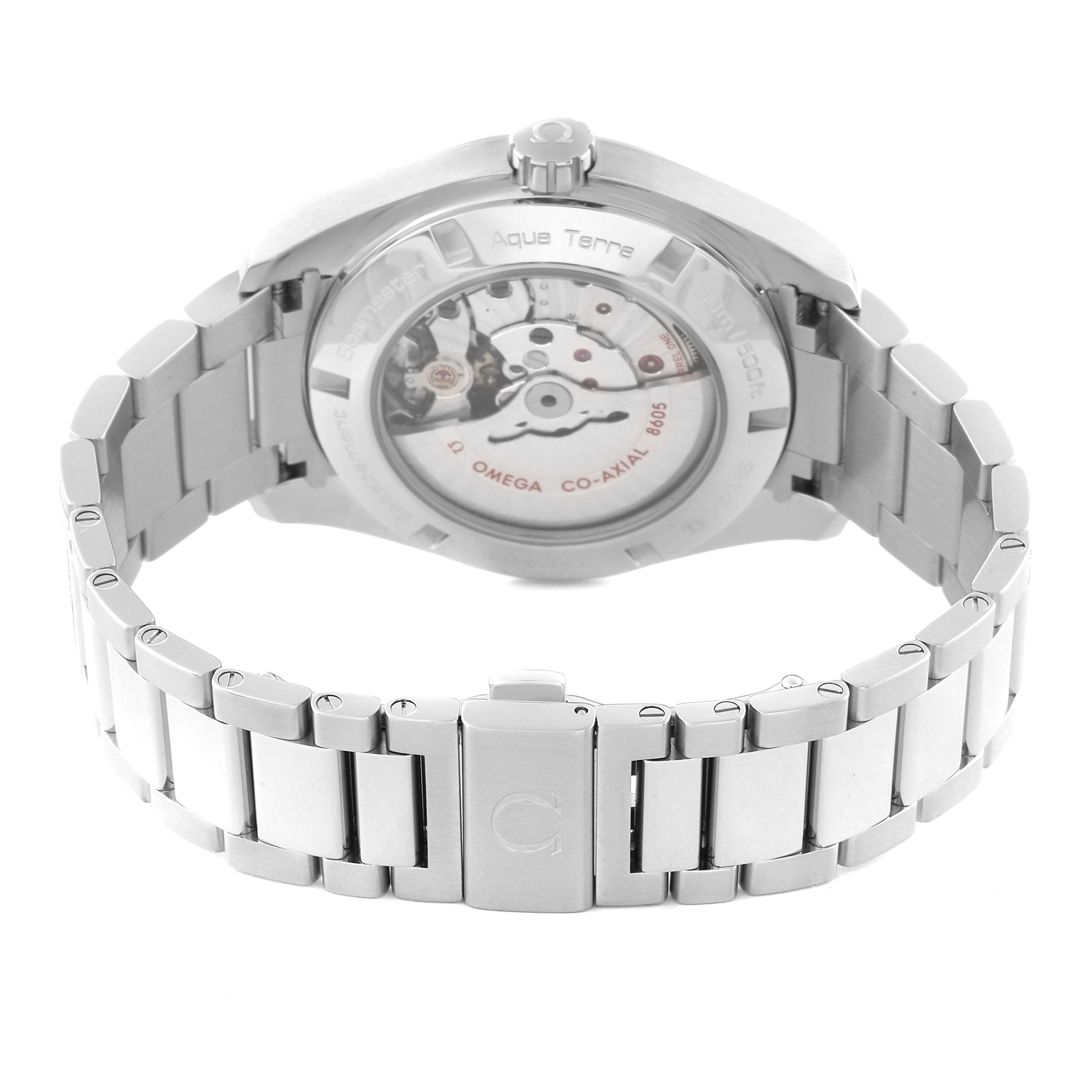 This image shows the back view of the Omega Aqua Terra 231.10.43.22.01.001 Men's Stainless Steel Black Dial 231.10.43.22.01.001 Men's Stainless Steel Black Dial watch, highlighting its stainless steel bracelet and mechanical movement.