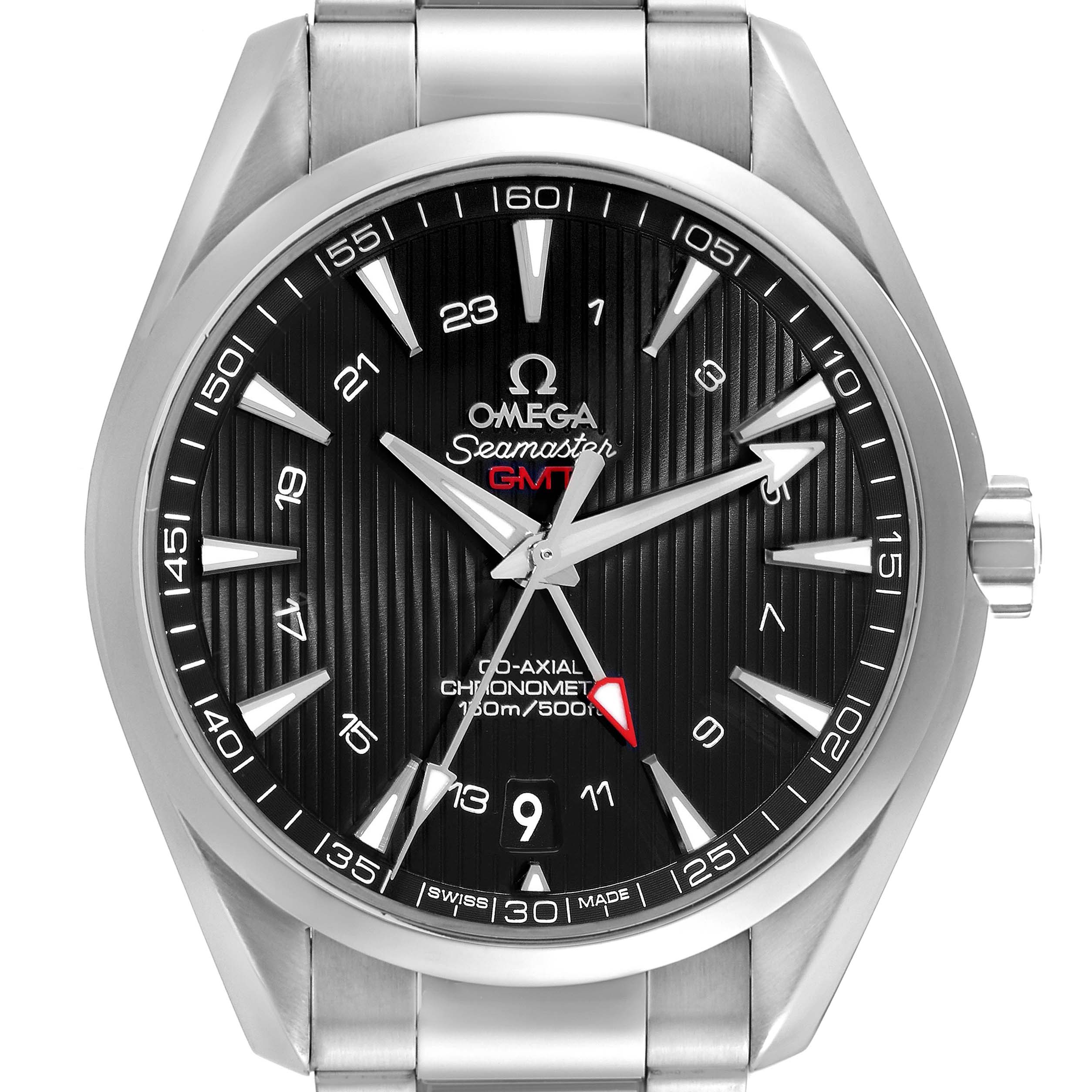 This image shows a front view of the Omega Aqua Terra 231.10.43.22.01.001 Men's Stainless Steel Black Dial 231.10.43.22.01.001 Men's Stainless Steel Black Dial Seamaster GMT watch, highlighting the dial, hands, bezel, and bracelet.