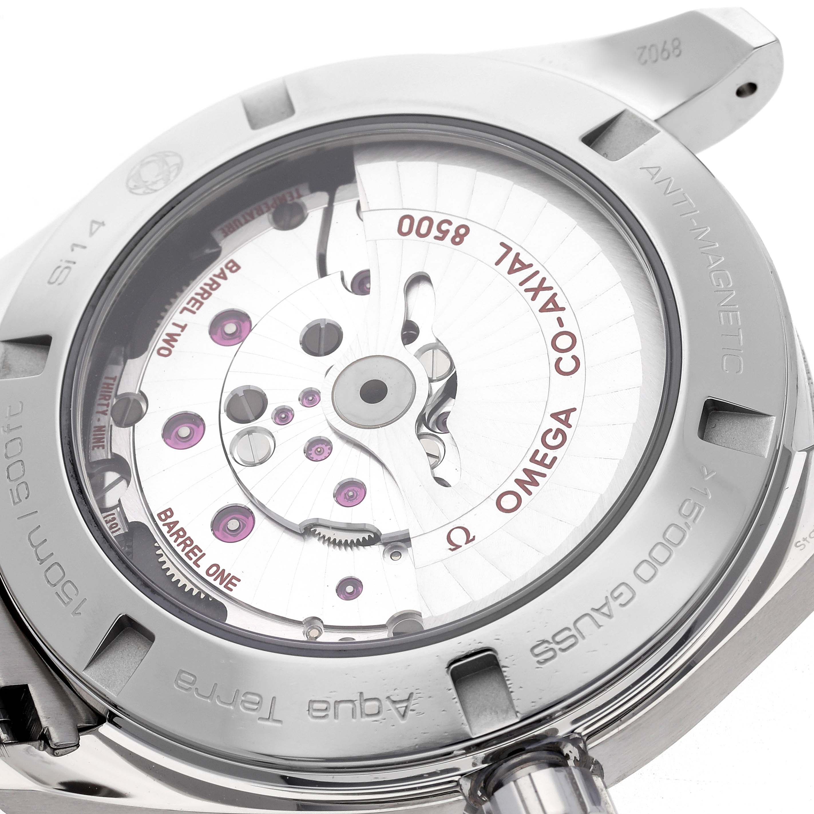 The image shows the back view of the Omega Aqua Terra 231.10.42.21.01.004 Men's Stainless Steel Black Dial 231.10.42.21.01.004 Men's Stainless Steel Black Dial watch, highlighting its Co-Axial movement and intricate internal mechanisms.