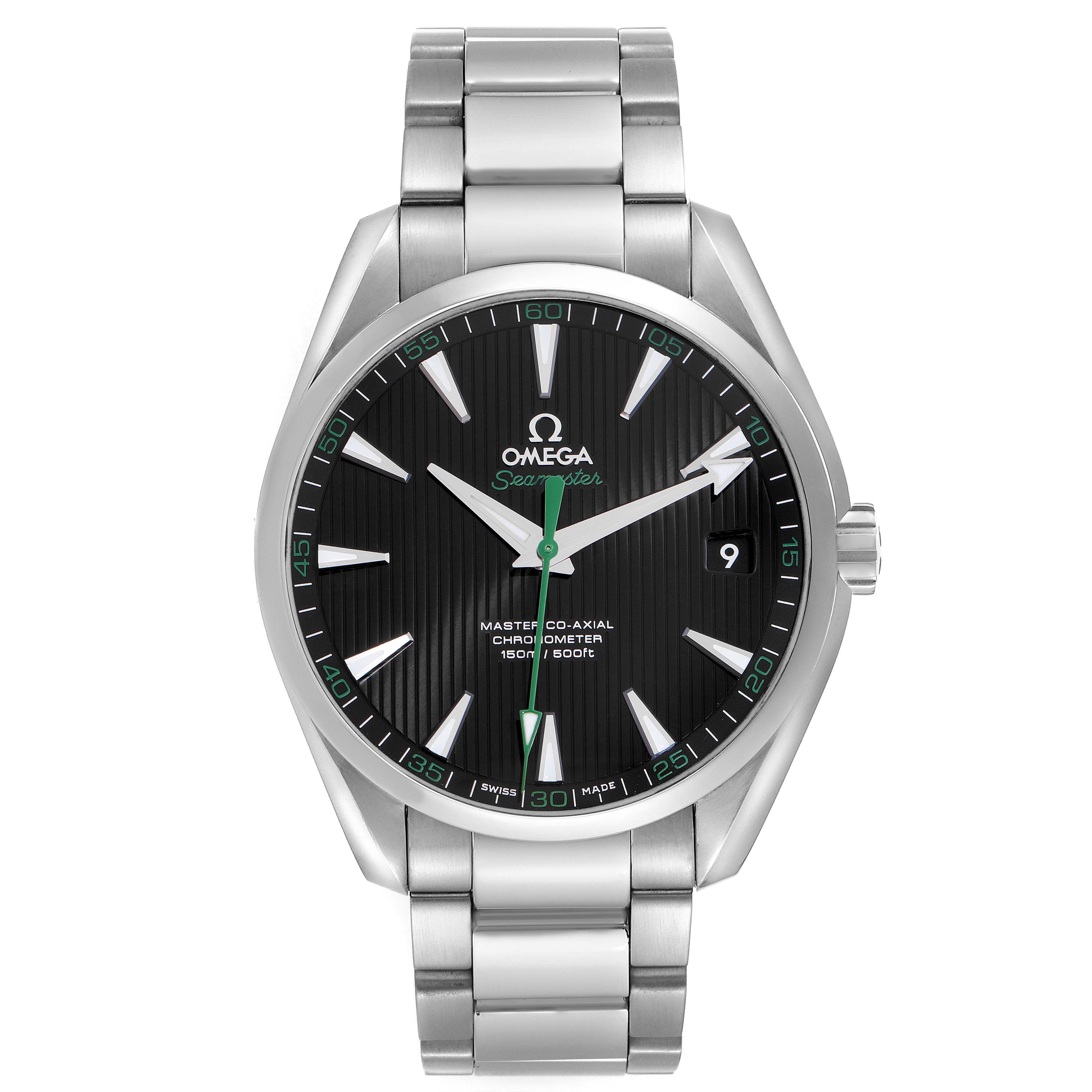 This image shows a front view of the Omega Aqua Terra 231.10.42.21.01.004 Men's Stainless Steel Black Dial 231.10.42.21.01.004 Men's Stainless Steel Black Dial watch, highlighting its face, bezel, and bracelet.