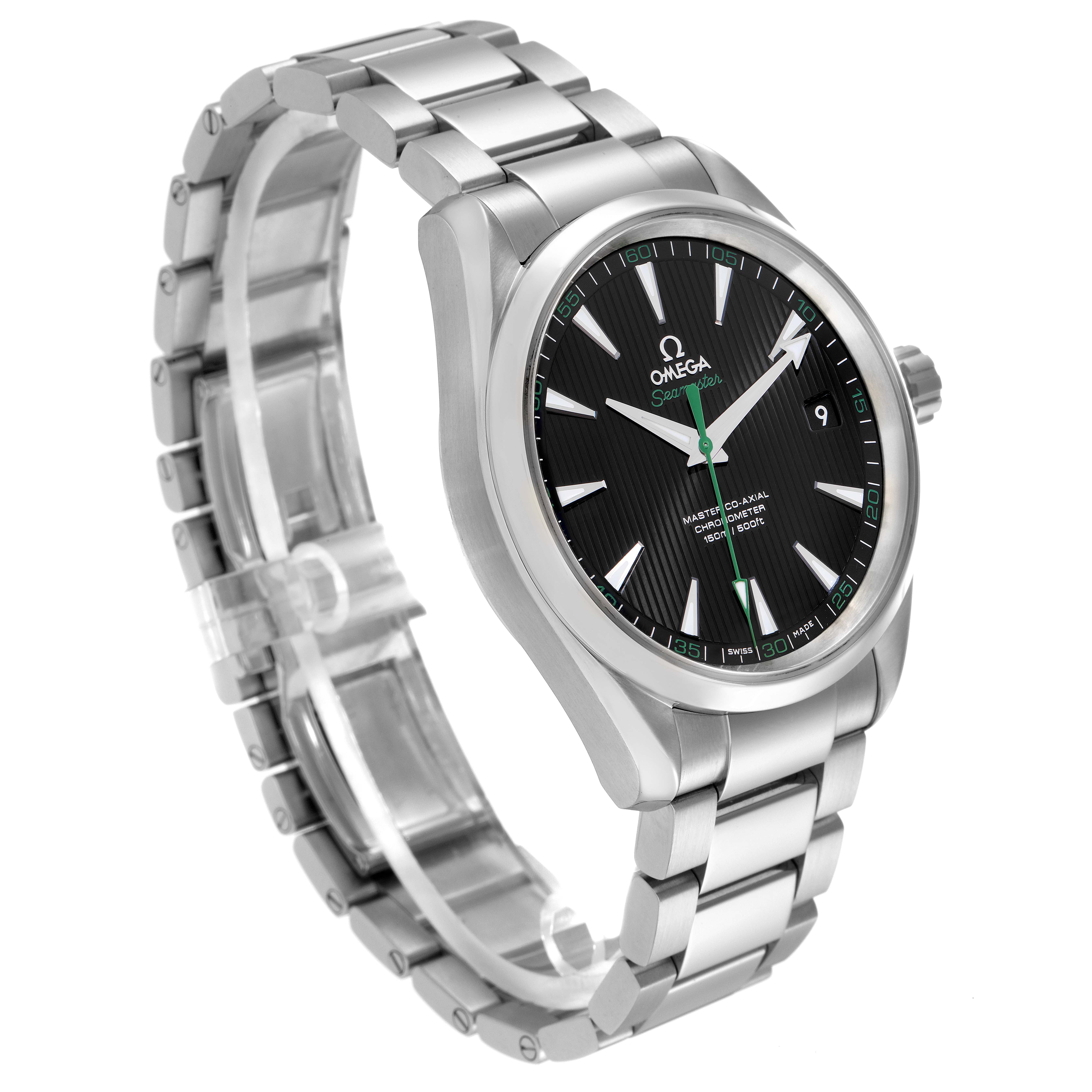 The Omega Aqua Terra 231.10.42.21.01.004 Men's Stainless Steel Black Dial 231.10.42.21.01.004 Men's Stainless Steel Black Dial watch is shown at a three-quarter angle, highlighting its face, bracelet, and side profile.