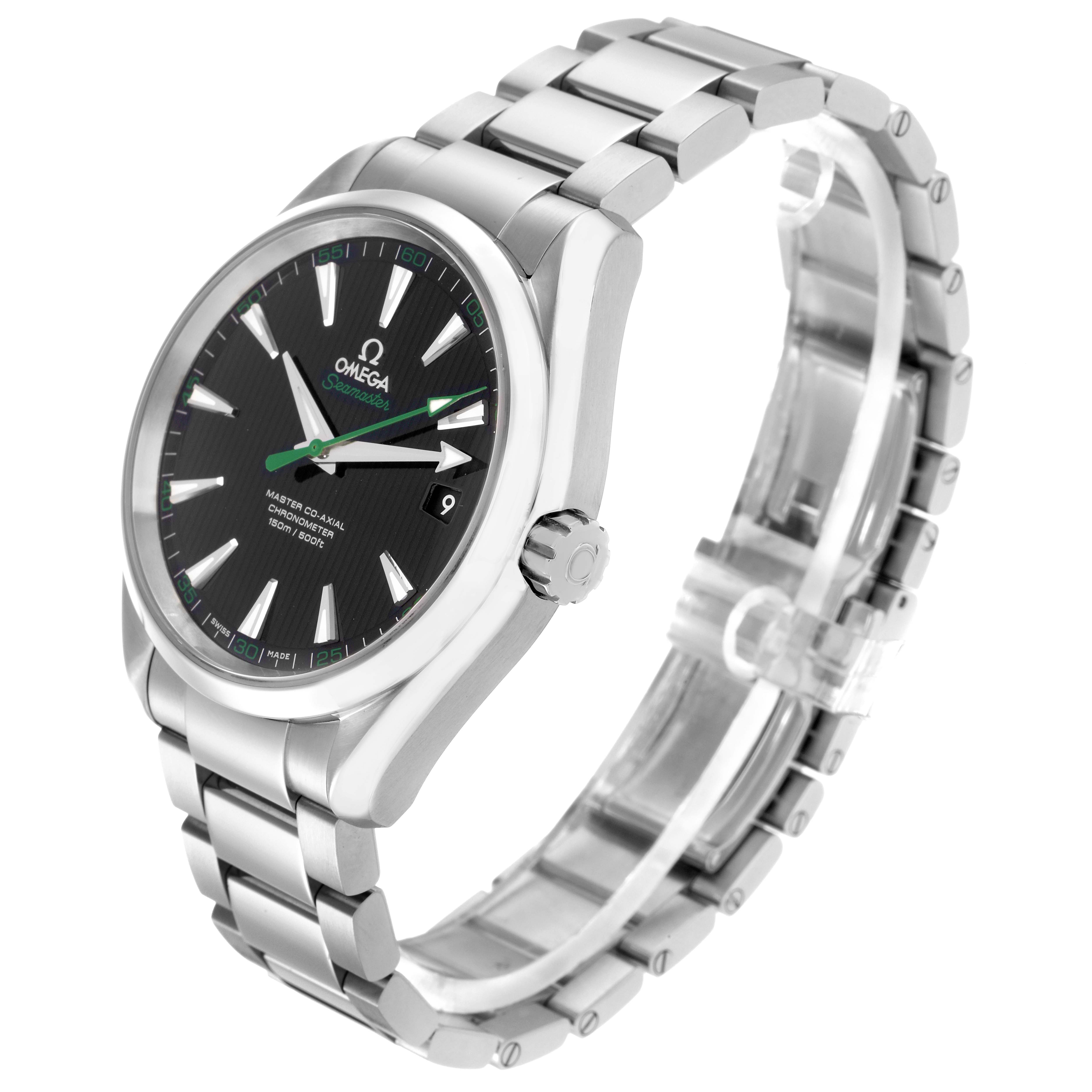 The Omega Aqua Terra 231.10.42.21.01.004 Men's Stainless Steel Black Dial 231.10.42.21.01.004 Men's Stainless Steel Black Dial watch is shown at an angle that highlights the face, crown, and stainless steel bracelet.