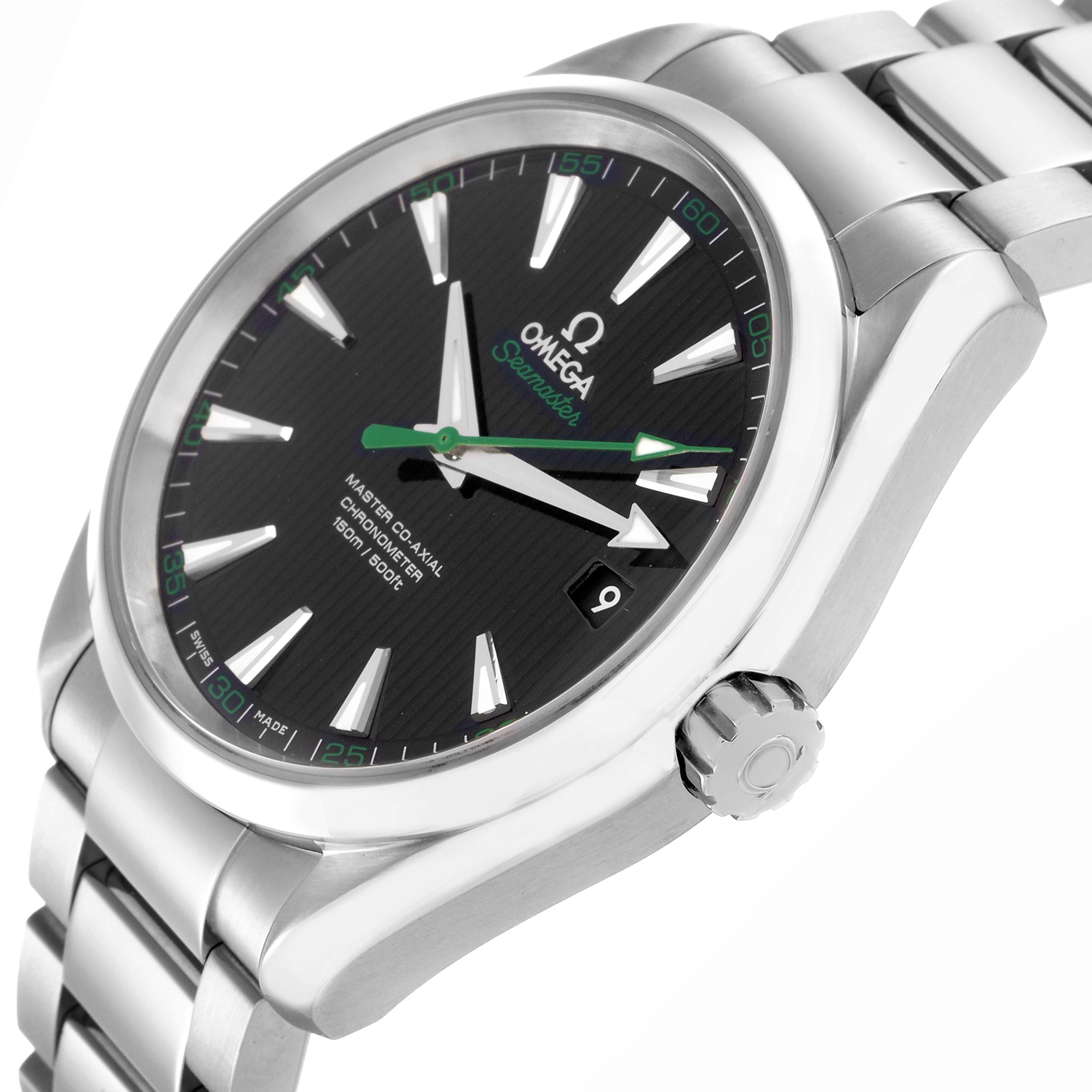 The Omega Aqua Terra 231.10.42.21.01.004 Men's Stainless Steel Black Dial 231.10.42.21.01.004 Men's Stainless Steel Black Dial watch is shown at a slight angle, displaying the dial, crown, and part of the metal bracelet.