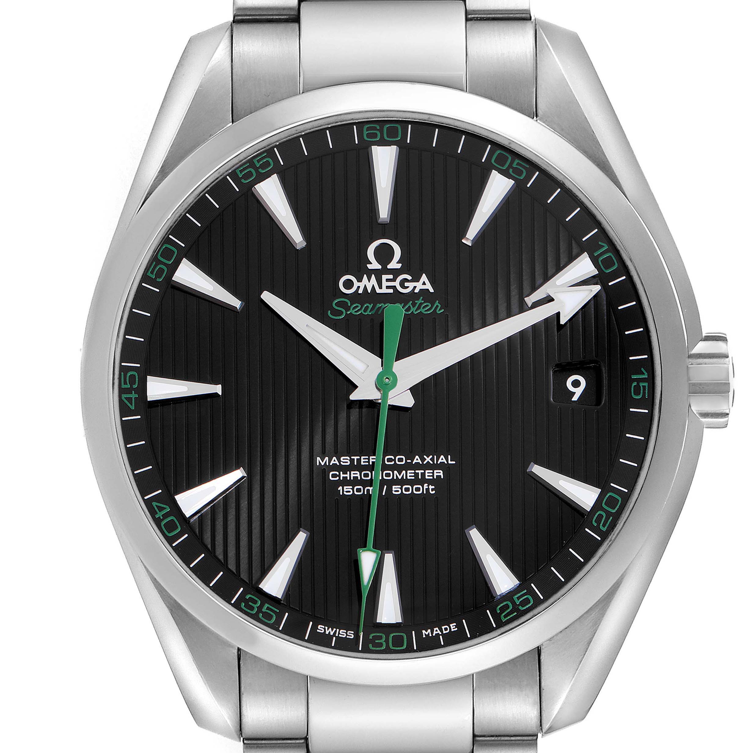 The Omega Aqua Terra 231.10.42.21.01.004 Men's Stainless Steel Black Dial 231.10.42.21.01.004 Men's Stainless Steel Black Dial watch is shown from a front angle, displaying the dial, hands, and part of the bracelet.