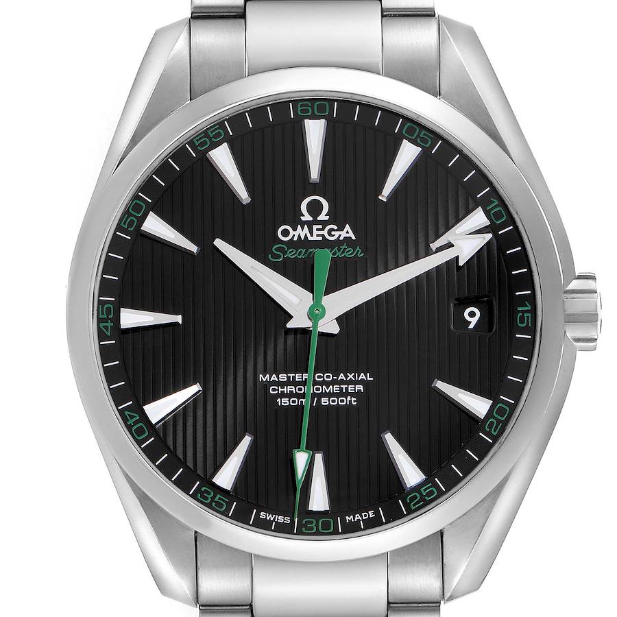 The Omega Aqua Terra watch is shown from a front angle, displaying the dial, hands, and part of the bracelet.