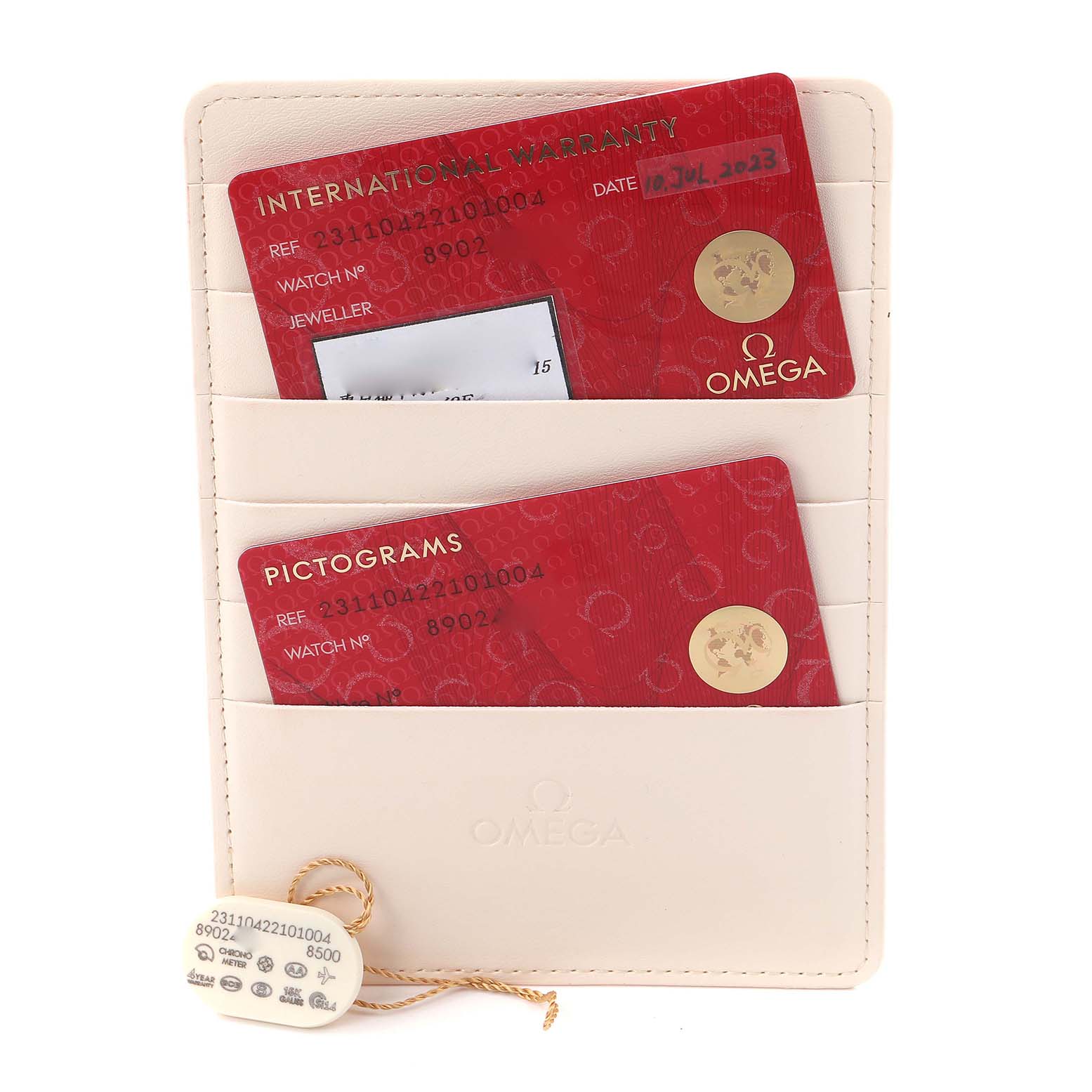 The image shows the warranty and pictogram cards for the Omega Aqua Terra 231.10.42.21.01.004 Men's Stainless Steel Black Dial 231.10.42.21.01.004 Men's Stainless Steel Black Dial model, along with a tag, all placed in a cardholder.