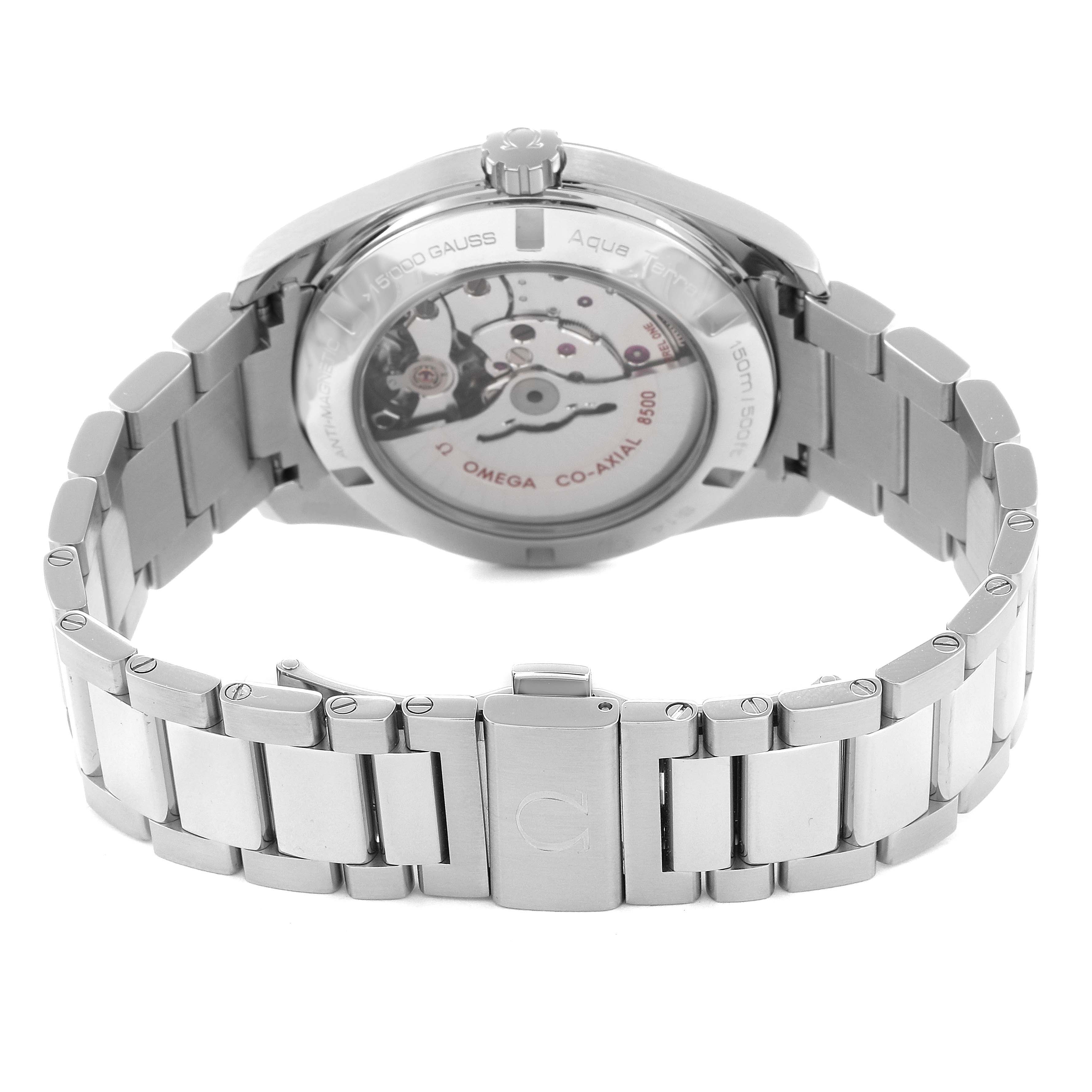 The Omega Aqua Terra 231.10.42.21.01.004 Men's Stainless Steel Black Dial 231.10.42.21.01.004 Men's Stainless Steel Black Dial watch is shown from the back, highlighting the open case back and bracelet.