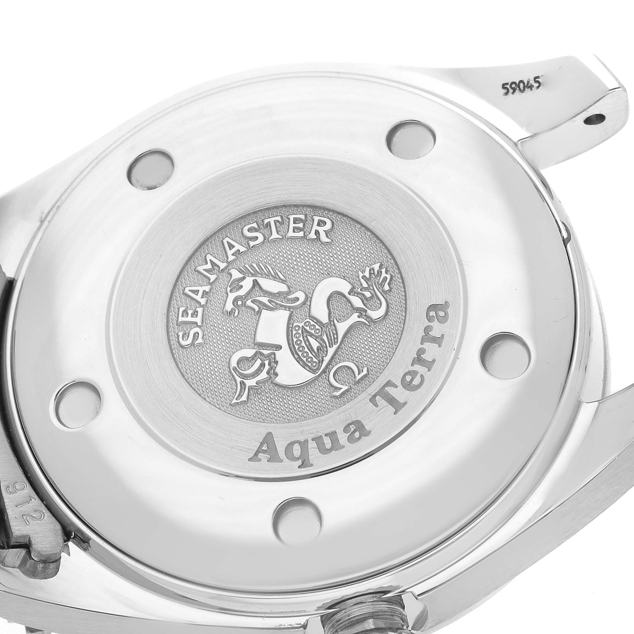 The image shows the back case of the Omega 2565.75.00 Women
s Stainless Steel Mother of Pearl Dial 2565.75.00 Women
s Stainless Steel Mother of Pearl Dial Seamaster Aqua Terra Mother of Pearl Diamond Steel Ladies Watch 2565.75.00, featuring the Seamaster logo.