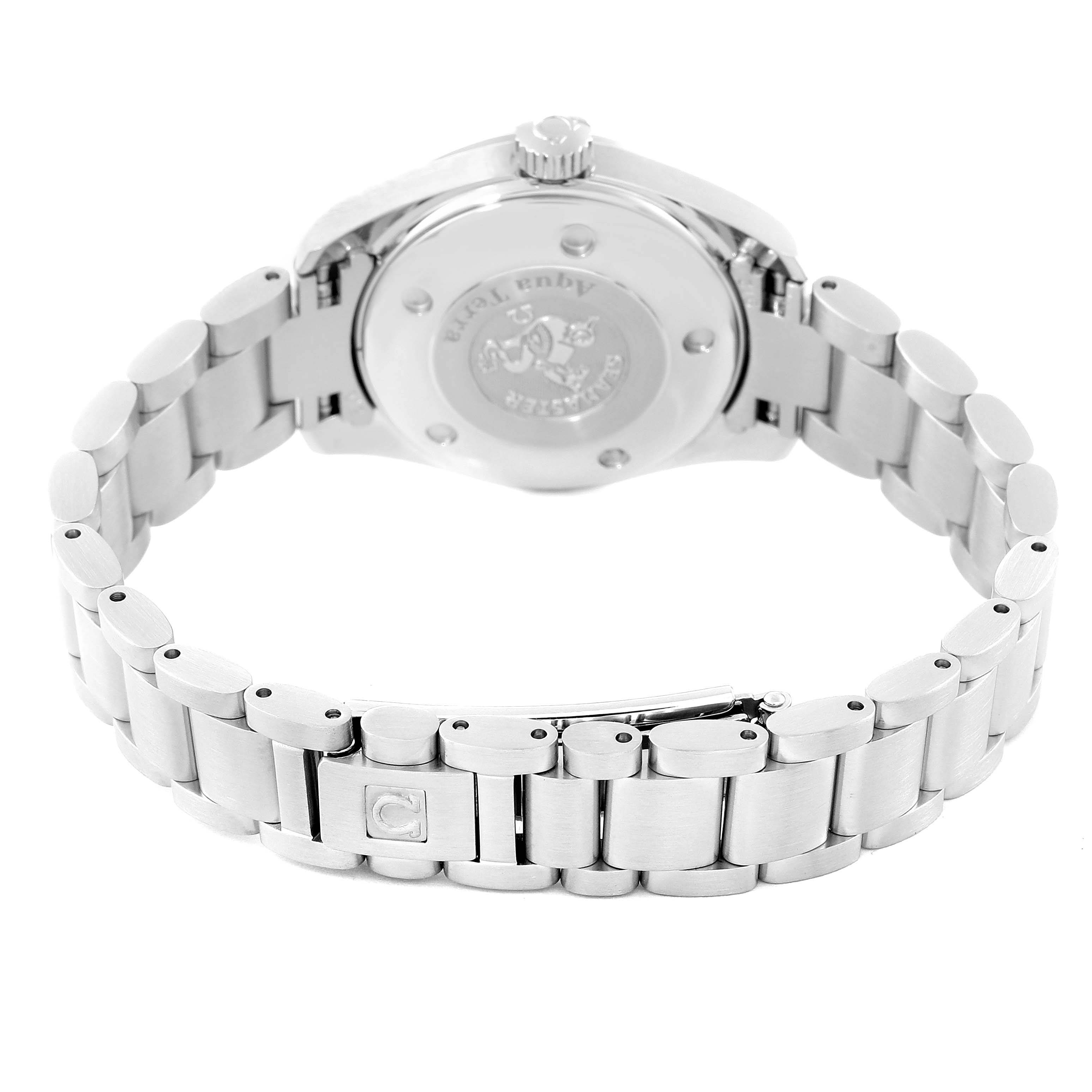 The image shows the back view of an Omega 2565.75.00 Women
s Stainless Steel Mother of Pearl Dial 2565.75.00 Women
s Stainless Steel Mother of Pearl Dial Seamaster Aqua Terra Mother of Pearl Diamond Steel Ladies Watch 2565.75.00, focusing on the case back and bracelet.