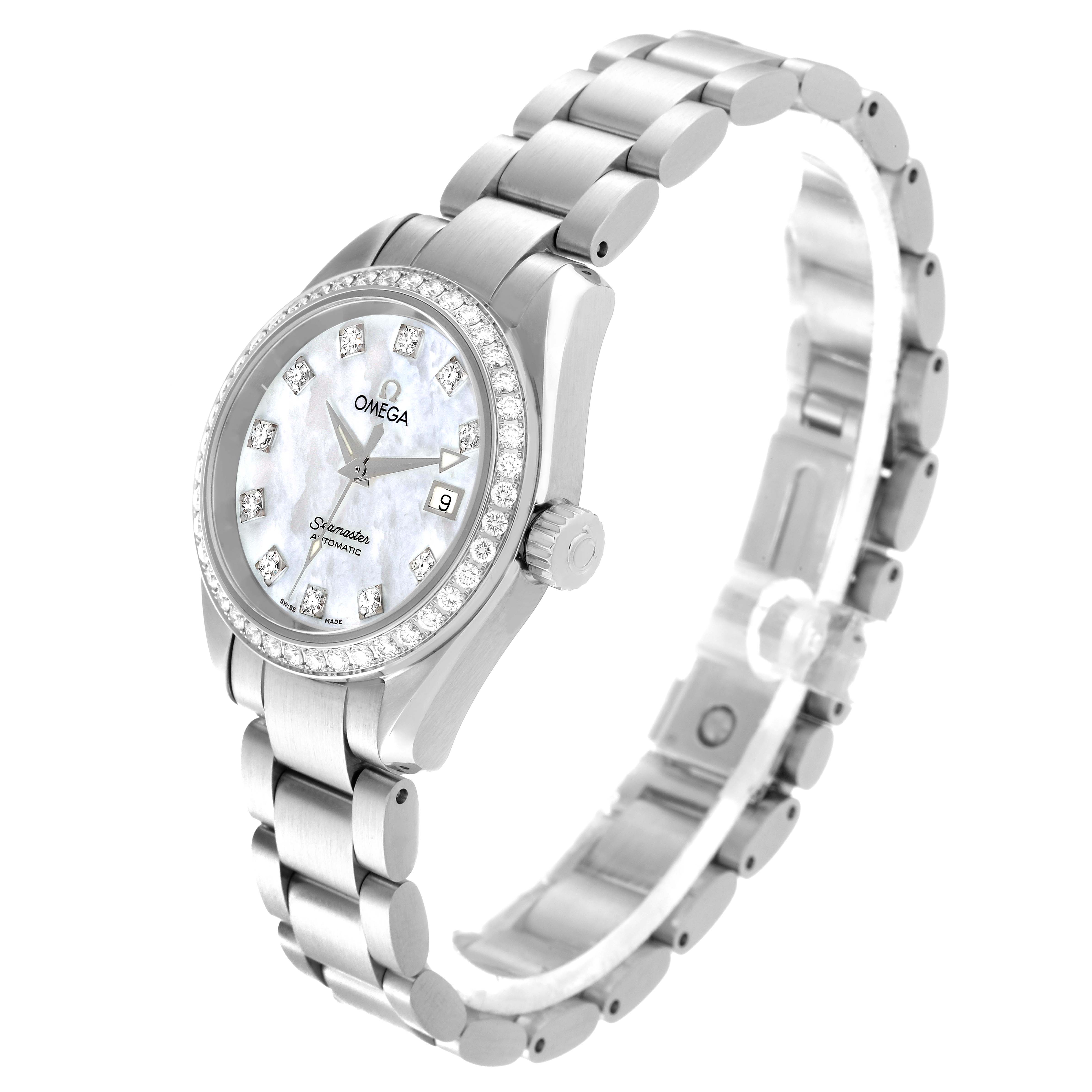The image shows an angled view of the Omega 2565.75.00 Women
s Stainless Steel Mother of Pearl Dial 2565.75.00 Women
s Stainless Steel Mother of Pearl Dial Seamaster Aqua Terra Mother of Pearl Diamond Steel Ladies Watch 2565.75.00, displaying its face and bracelet.