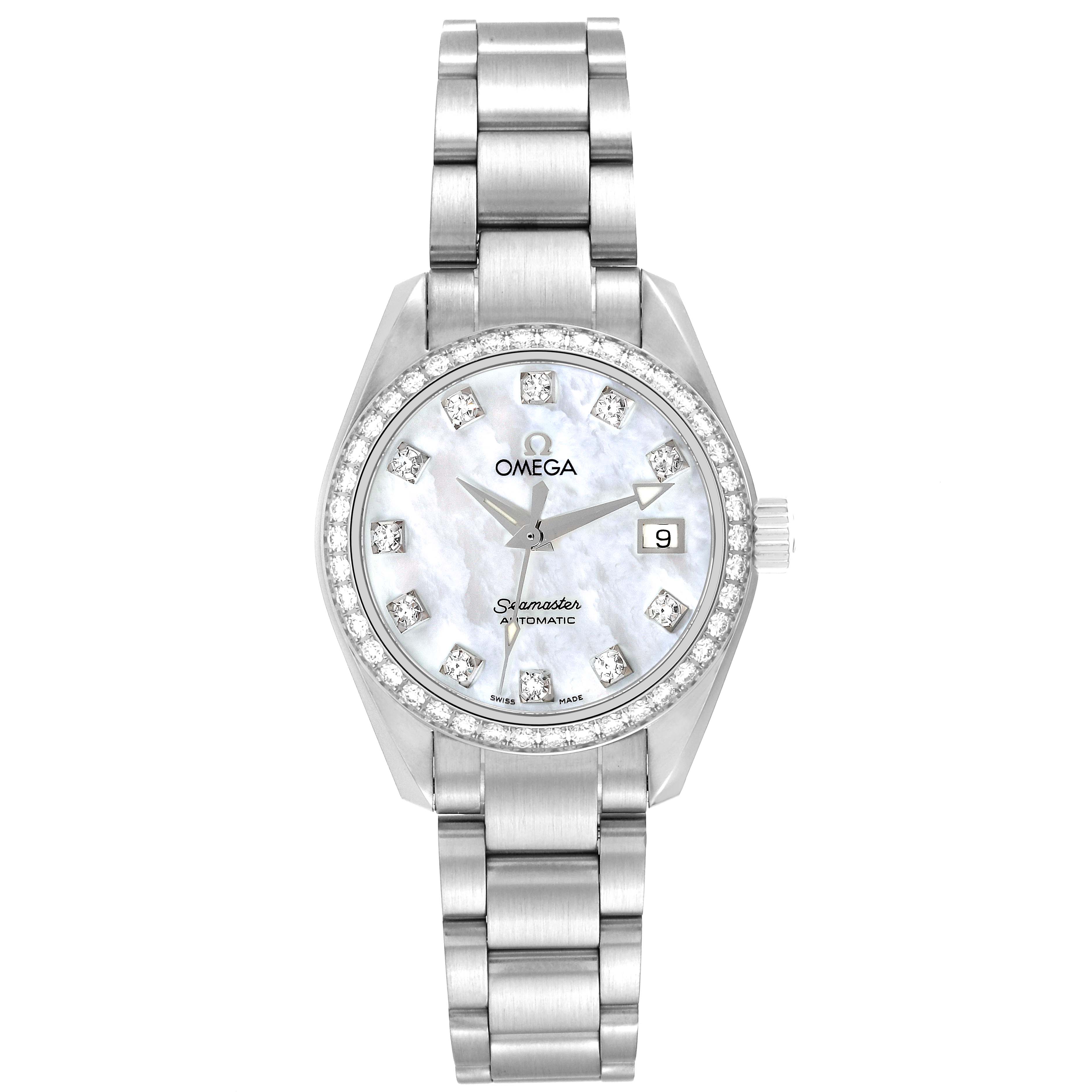 The image shows a front view of the Omega 2565.75.00 Women
s Stainless Steel Mother of Pearl Dial 2565.75.00 Women
s Stainless Steel Mother of Pearl Dial Seamaster Aqua Terra Mother of Pearl Diamond Steel Ladies Watch 2565.75.00.