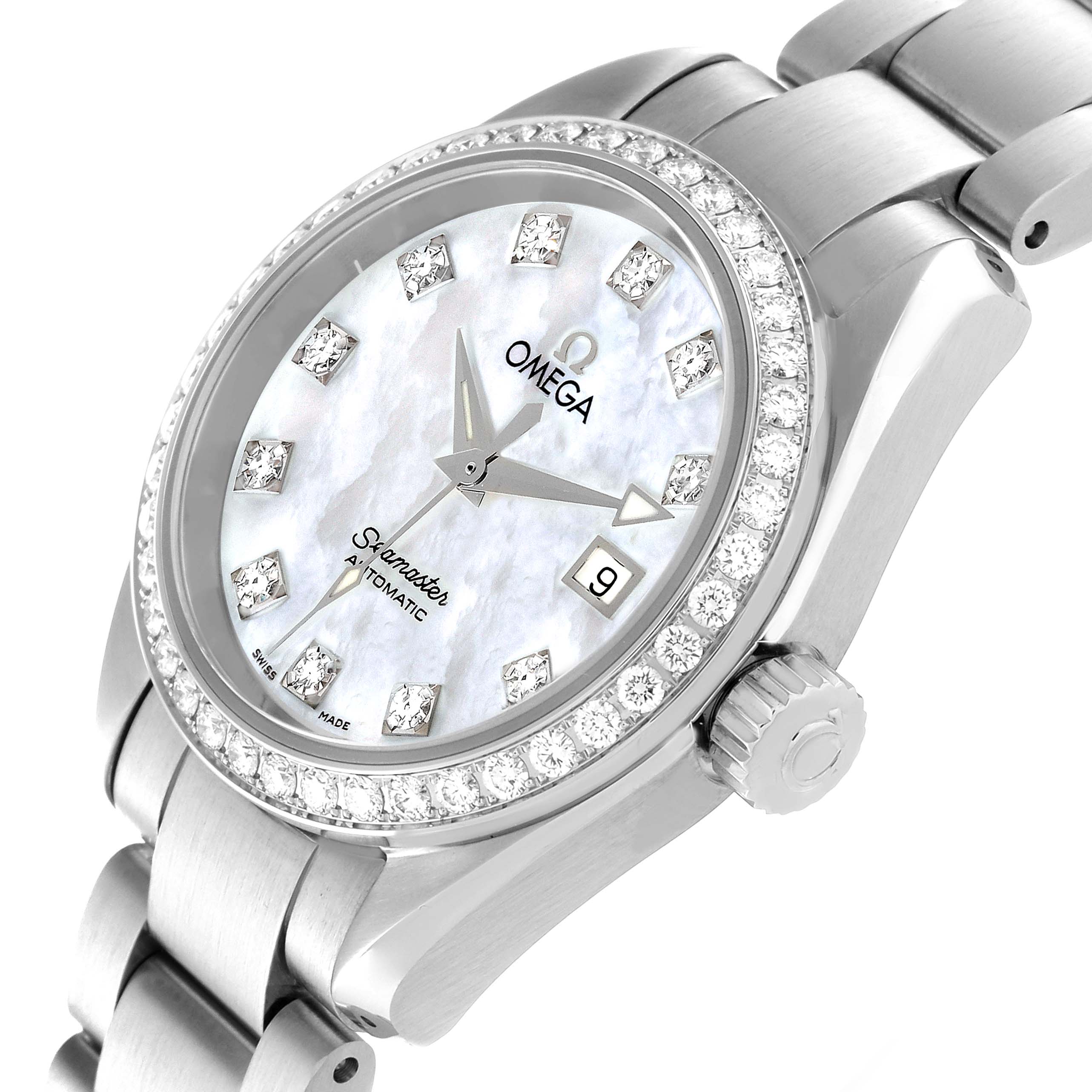 The image shows a close-up view of the face and part of the band of the Omega 2565.75.00 Women
s Stainless Steel Mother of Pearl Dial 2565.75.00 Women
s Stainless Steel Mother of Pearl Dial Seamaster Aqua Terra Mother of Pearl Diamond Steel Ladies Watch 2565.75.00.