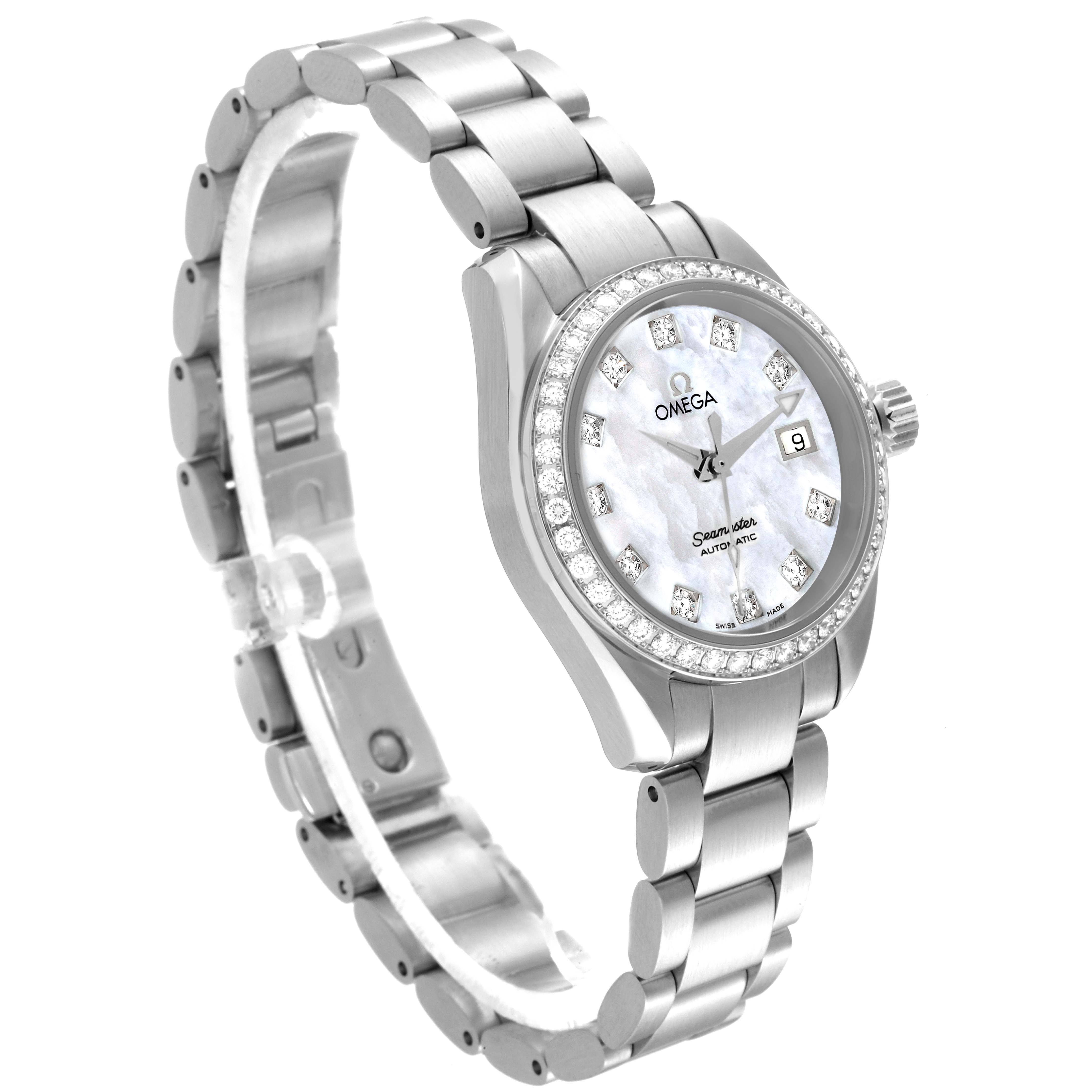 The image shows an angled side view of the Omega 2565.75.00 Women
s Stainless Steel Mother of Pearl Dial 2565.75.00 Women
s Stainless Steel Mother of Pearl Dial Seamaster Aqua Terra Mother of Pearl Diamond Steel Ladies Watch 2565.75.00.
