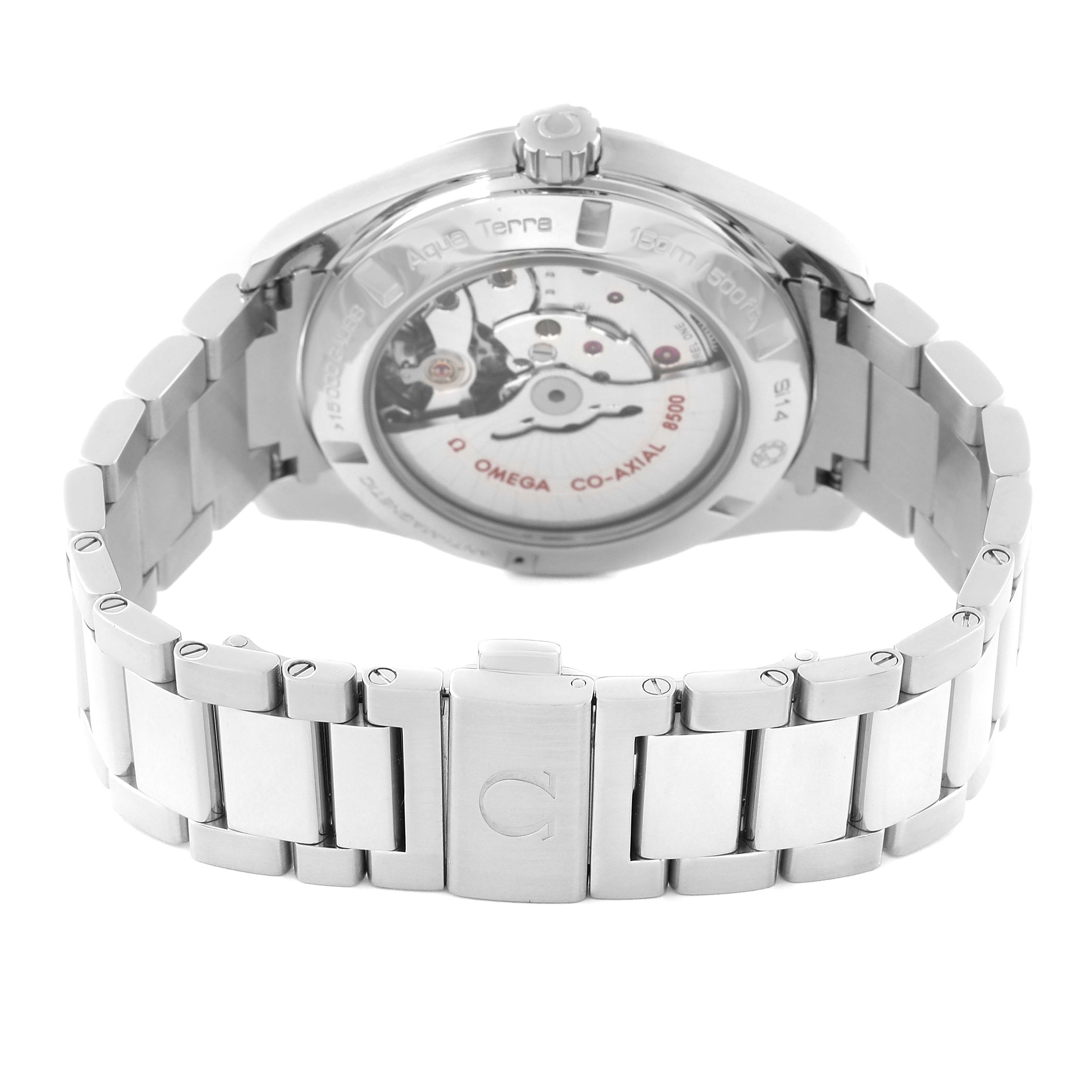 The image shows the back view of the Omega Aqua Terra 231.10.42.21.03.001 Men's Stainless Steel Blue Dial 231.10.42.21.03.001 Men's Stainless Steel Blue Dial watch, highlighting the bracelet and the see-through case back.