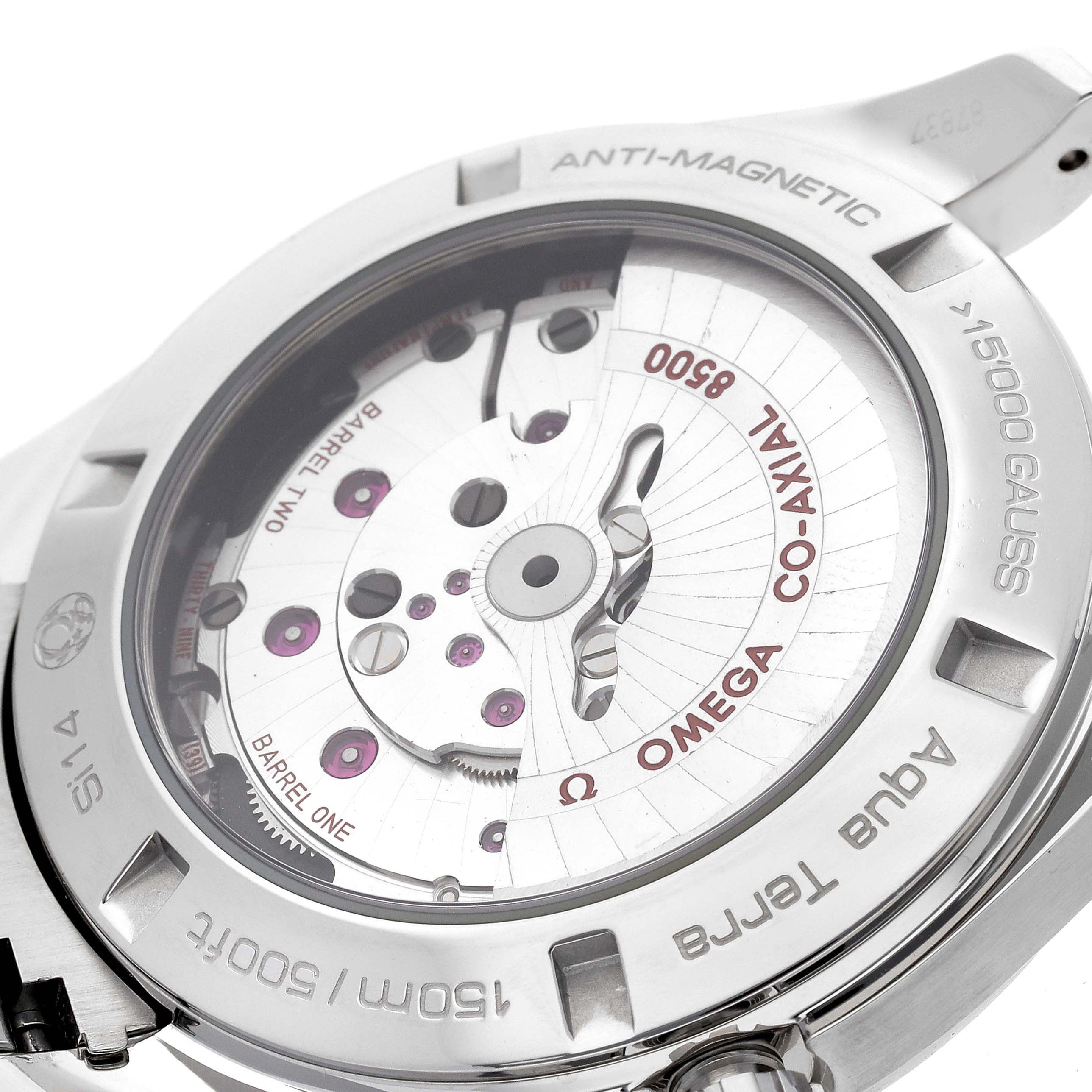 The image shows the backside of an Omega Aqua Terra 231.10.42.21.03.001 Men's Stainless Steel Blue Dial 231.10.42.21.03.001 Men's Stainless Steel Blue Dial watch, highlighting the exposed movement and "Omega Co-Axial" mechanism.