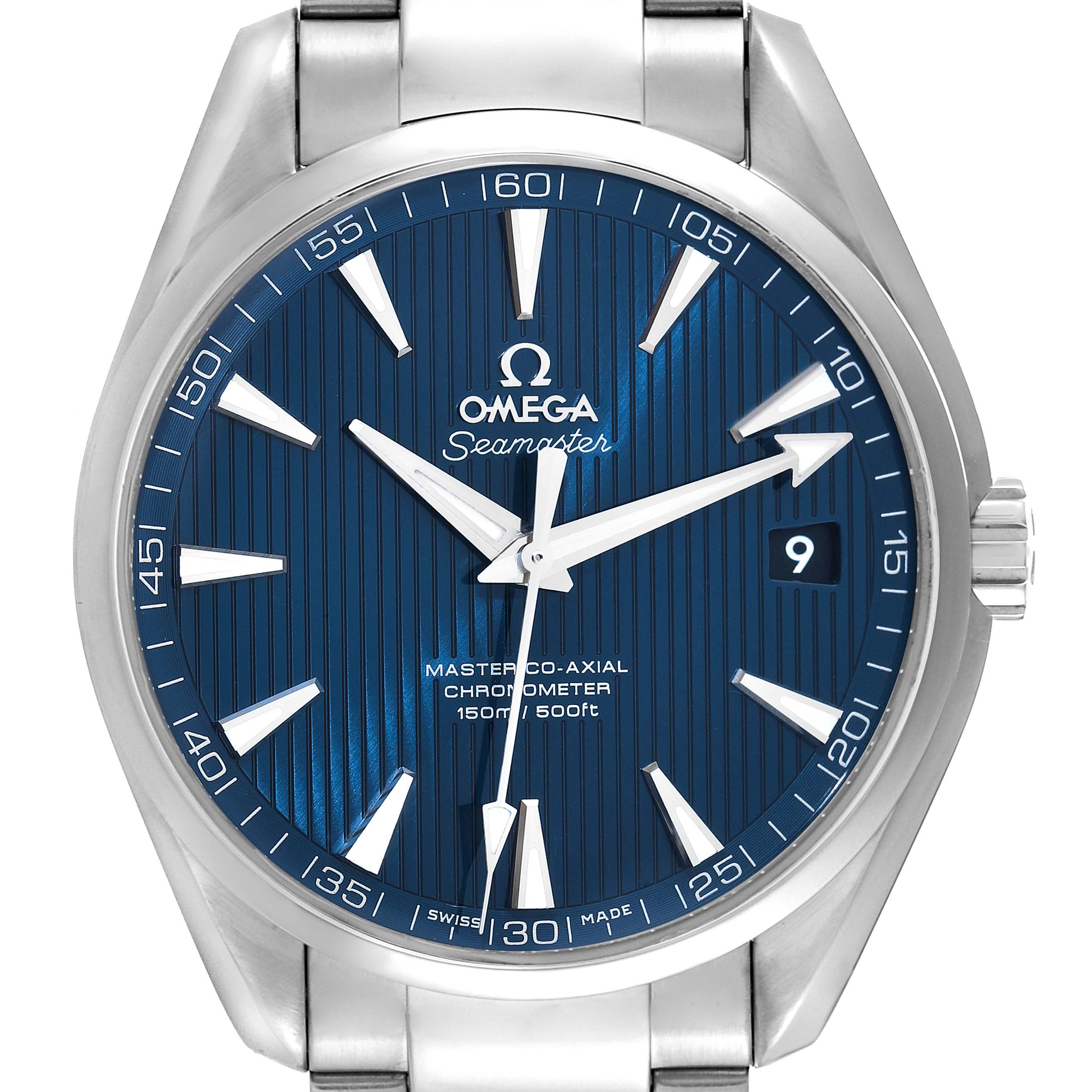 The image shows a front view of the Omega Aqua Terra 231.10.42.21.03.001 Men's Stainless Steel Blue Dial 231.10.42.21.03.001 Men's Stainless Steel Blue Dial Seamaster watch, highlighting the blue dial, hands, date window, and part of the bracelet.